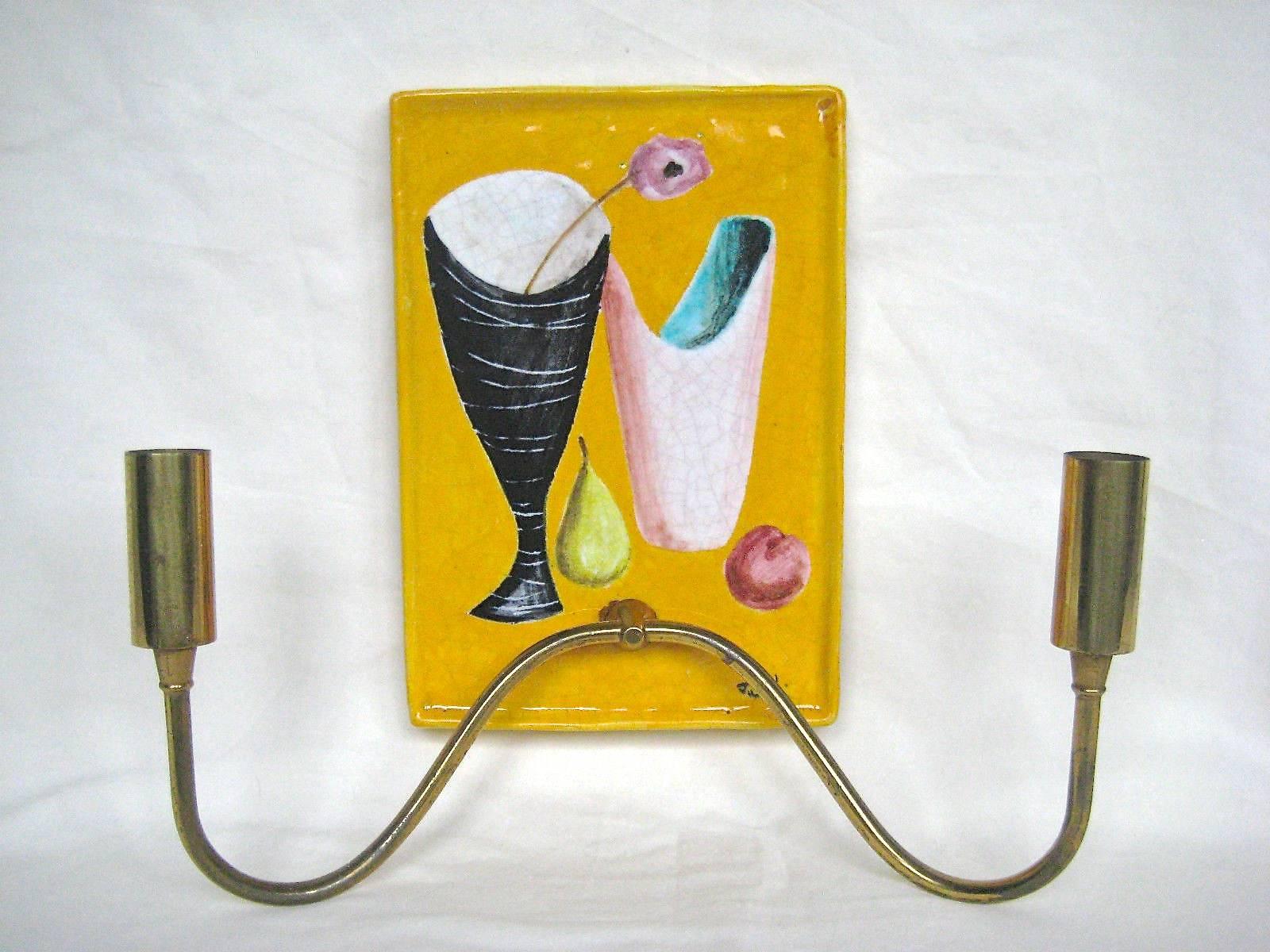 Mid-Century Italian Painted Ceramic Tile and Brass Sconces 1