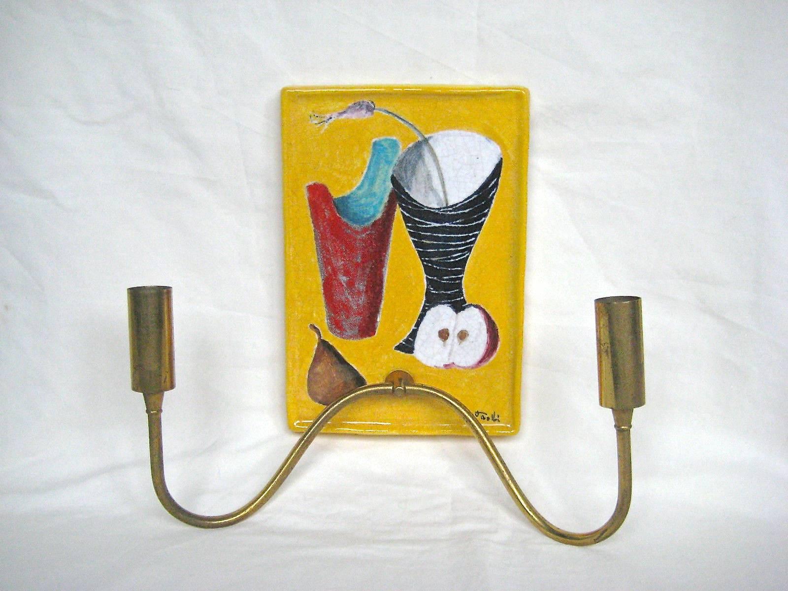 Mid-Century Italian Painted Ceramic Tile and Brass Sconces 2