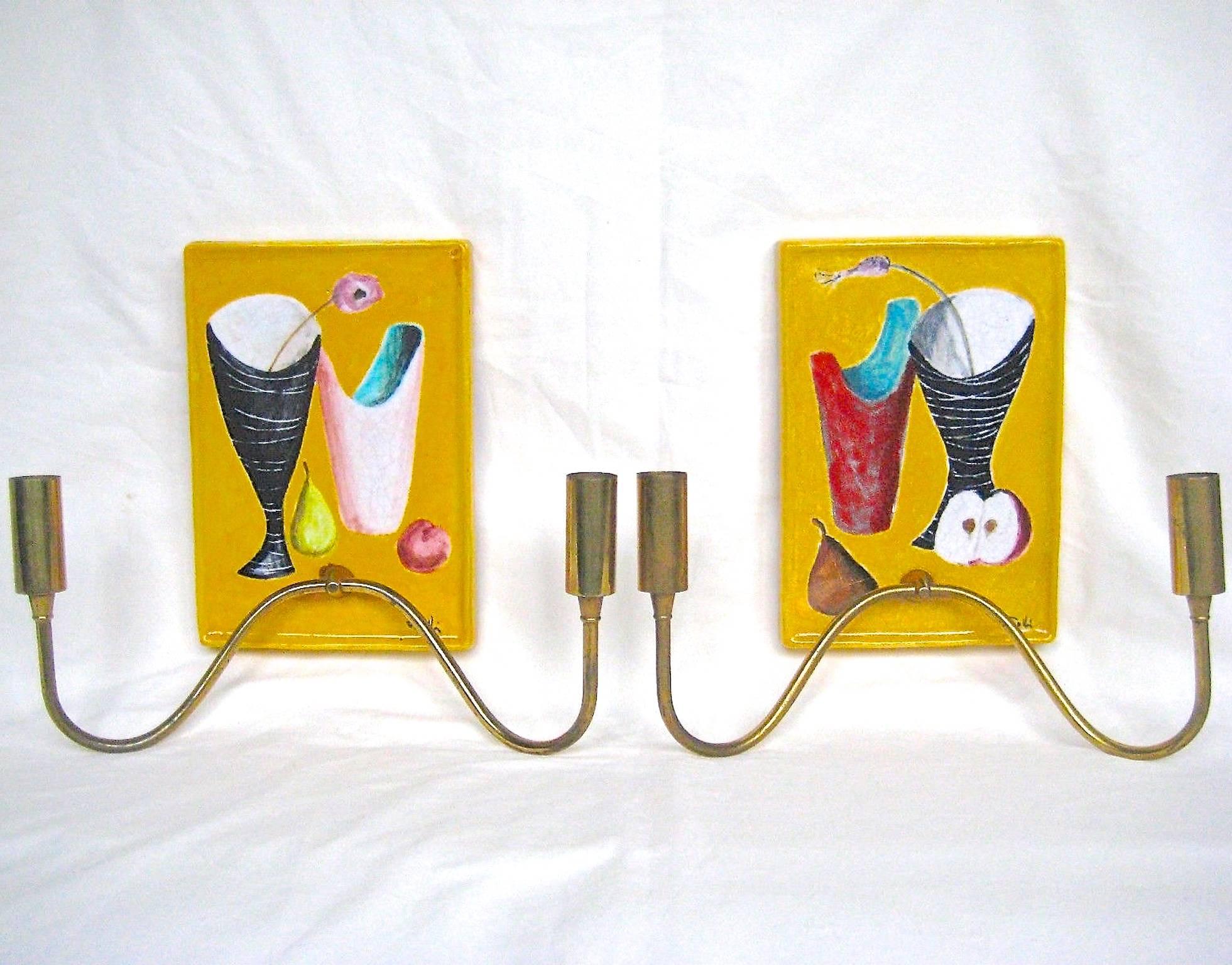Mid-Century Italian Painted Ceramic Tile and Brass Sconces In Good Condition In Hanover, MA