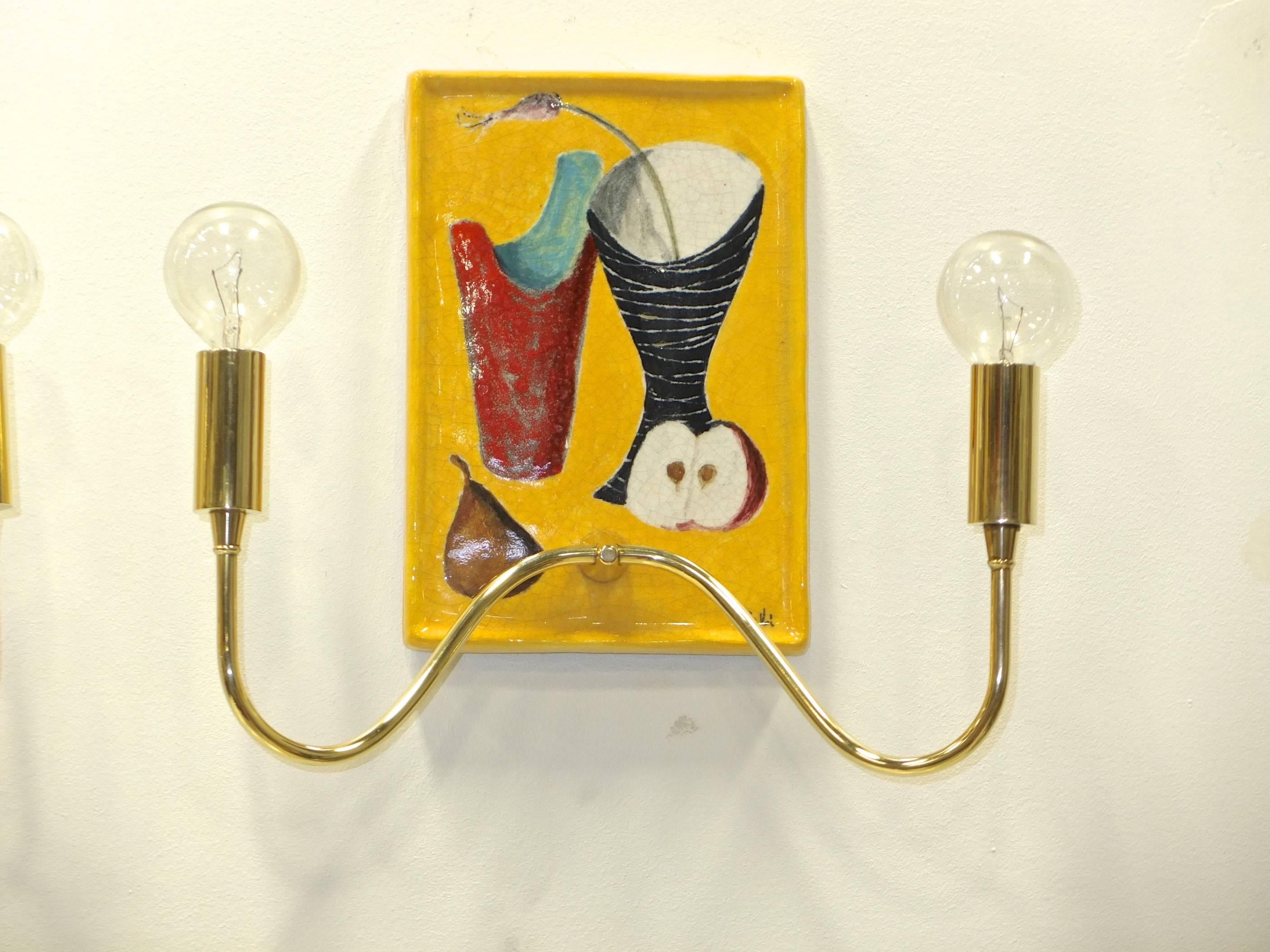 Glazed Mid-Century Italian Painted Ceramic Tile and Brass Sconces