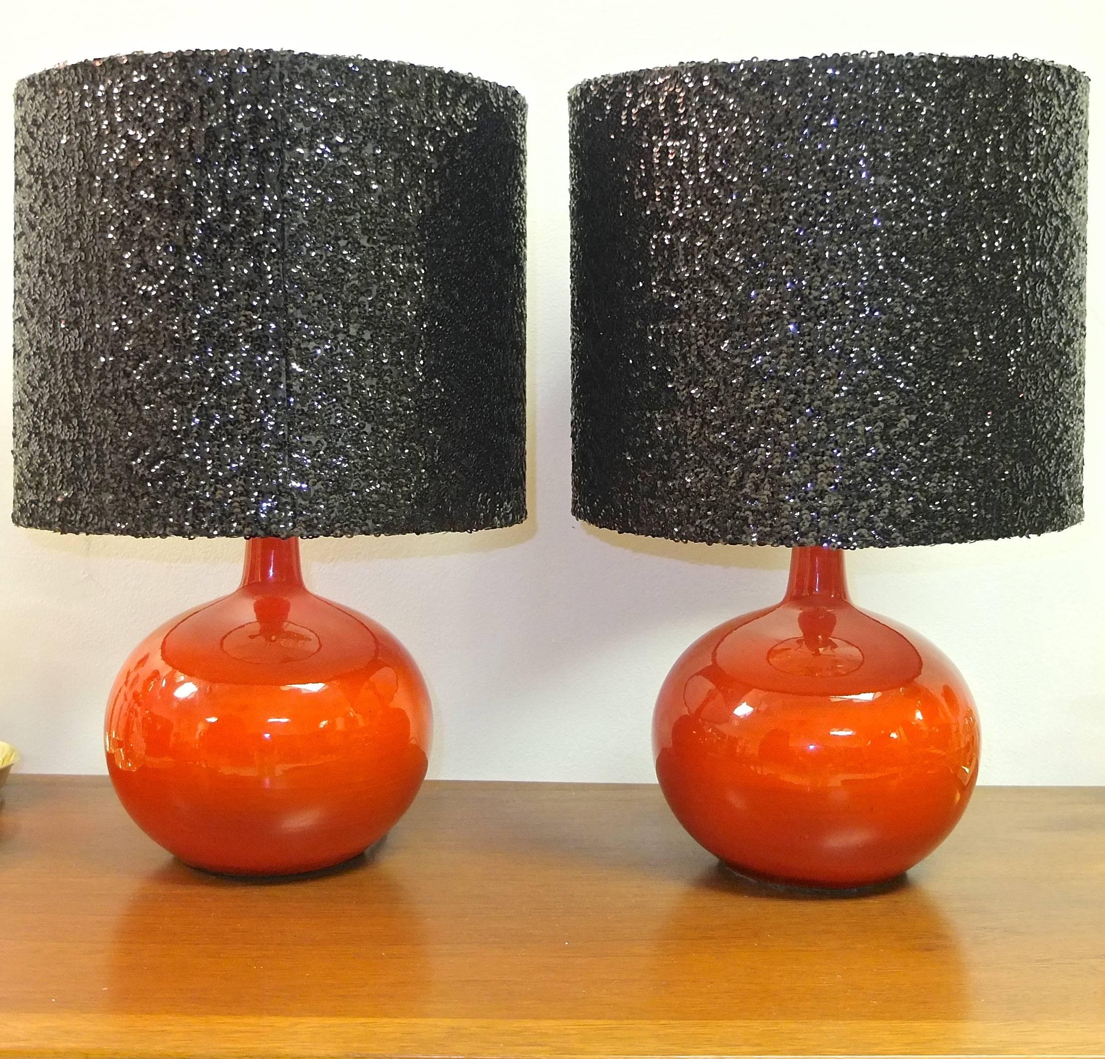 Mid-Century Modern Pair of 1960s Orange Glazed Ceramic Table Lamps