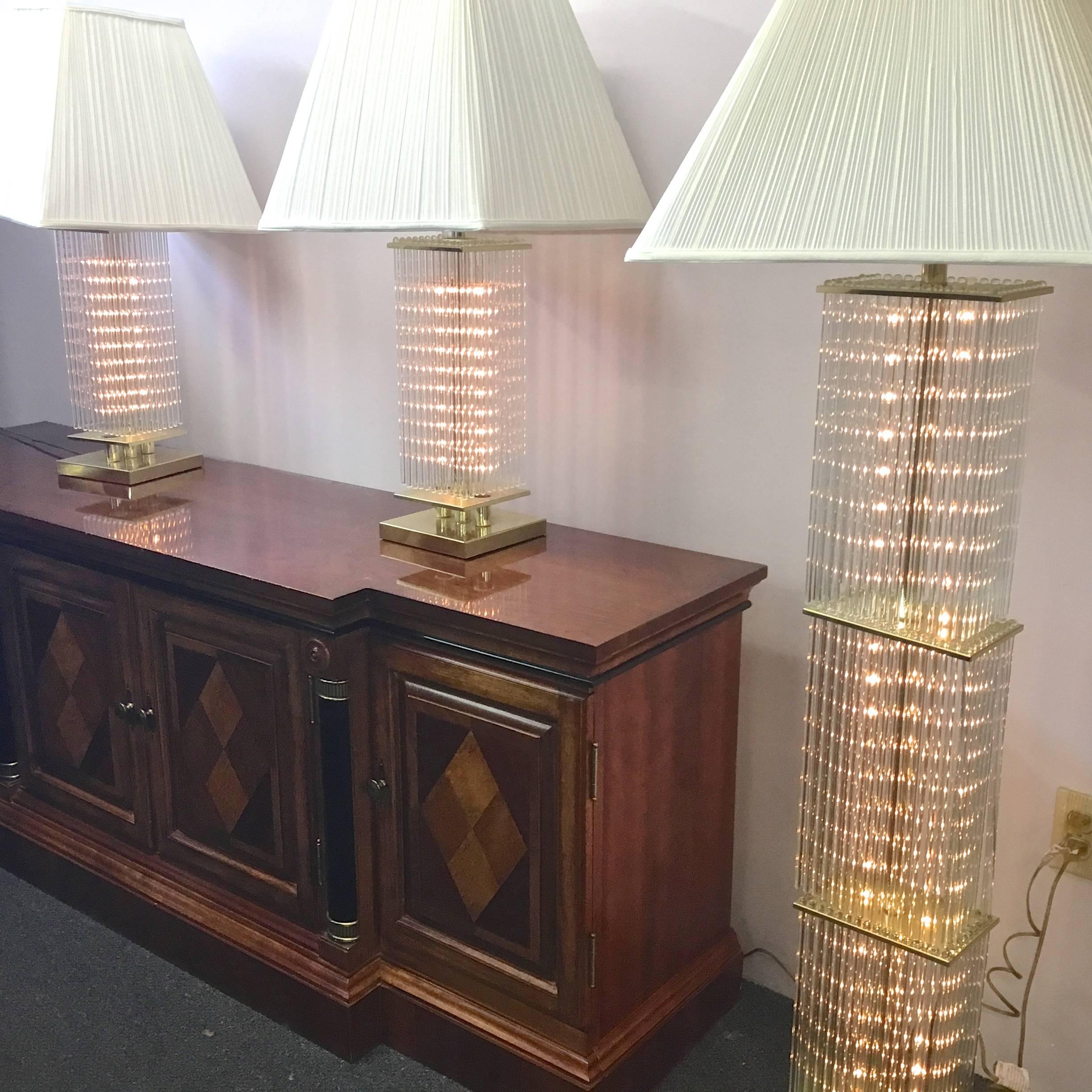 American Pair of Gaetano Sciolari Brass and Glass Rods Table Lamps