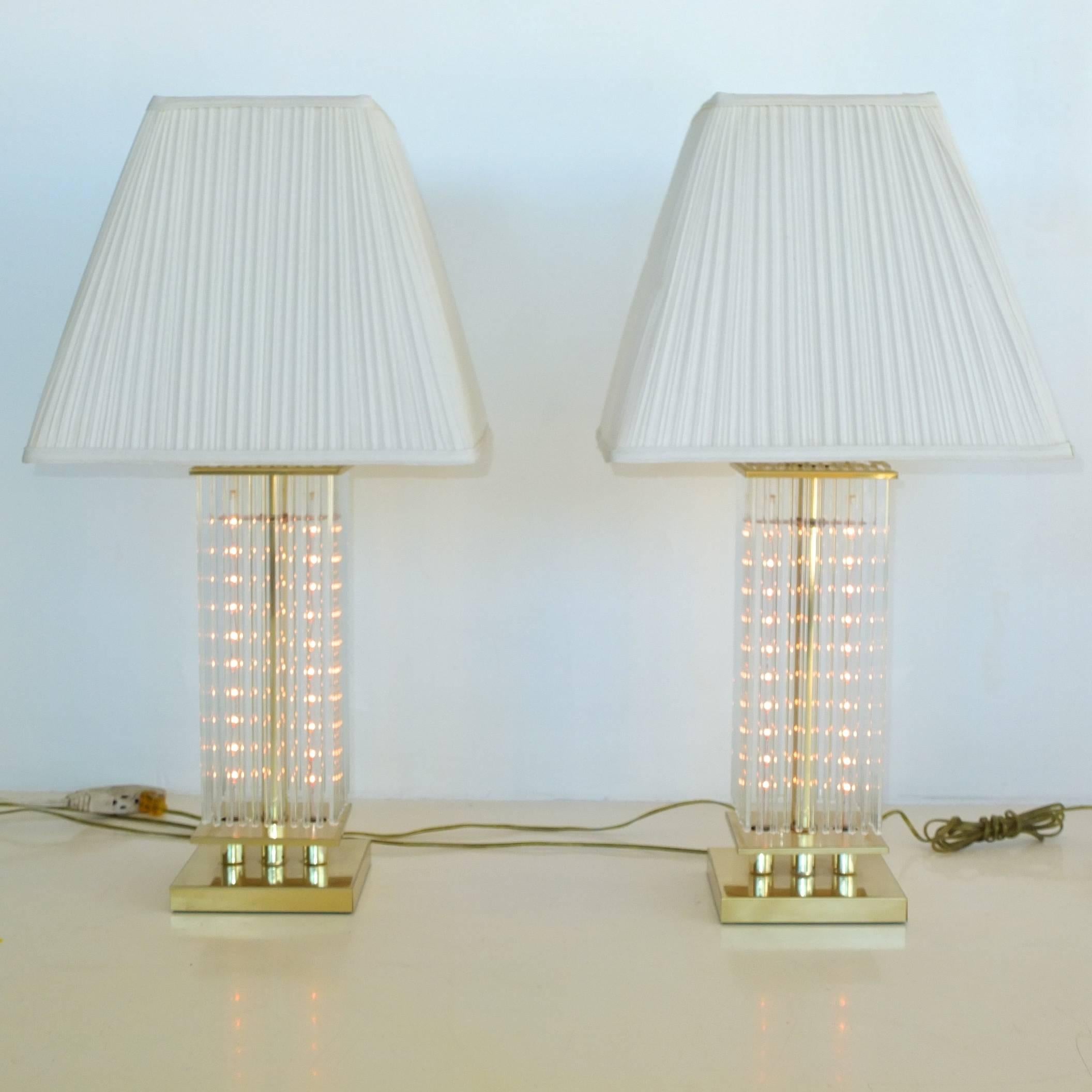 Pair of Gaetano Sciolari Brass and Glass Rods Table Lamps In Excellent Condition In Hanover, MA
