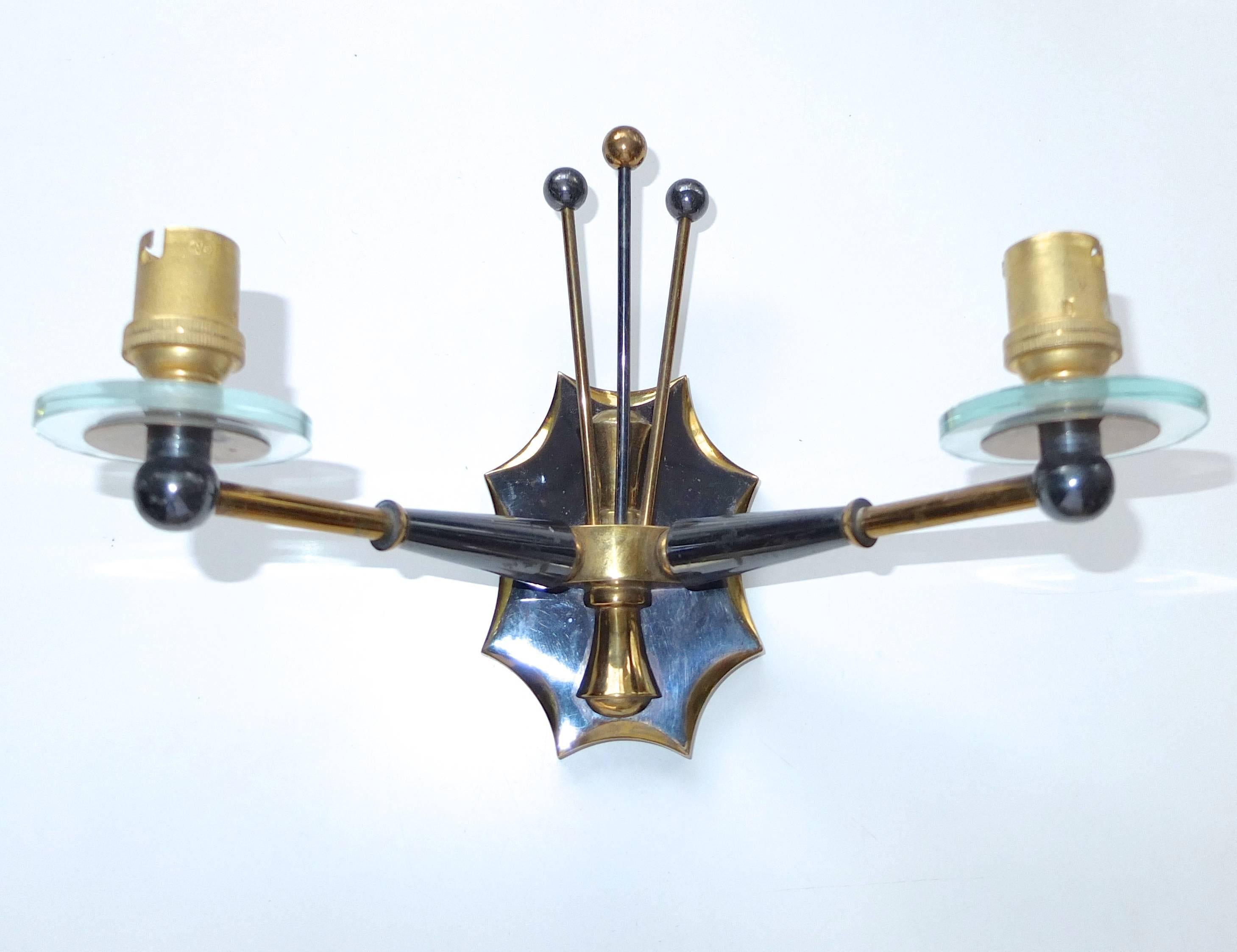 French 5 Pair of Gunmetal & Brass Sconces by Maison Jansen For Sale