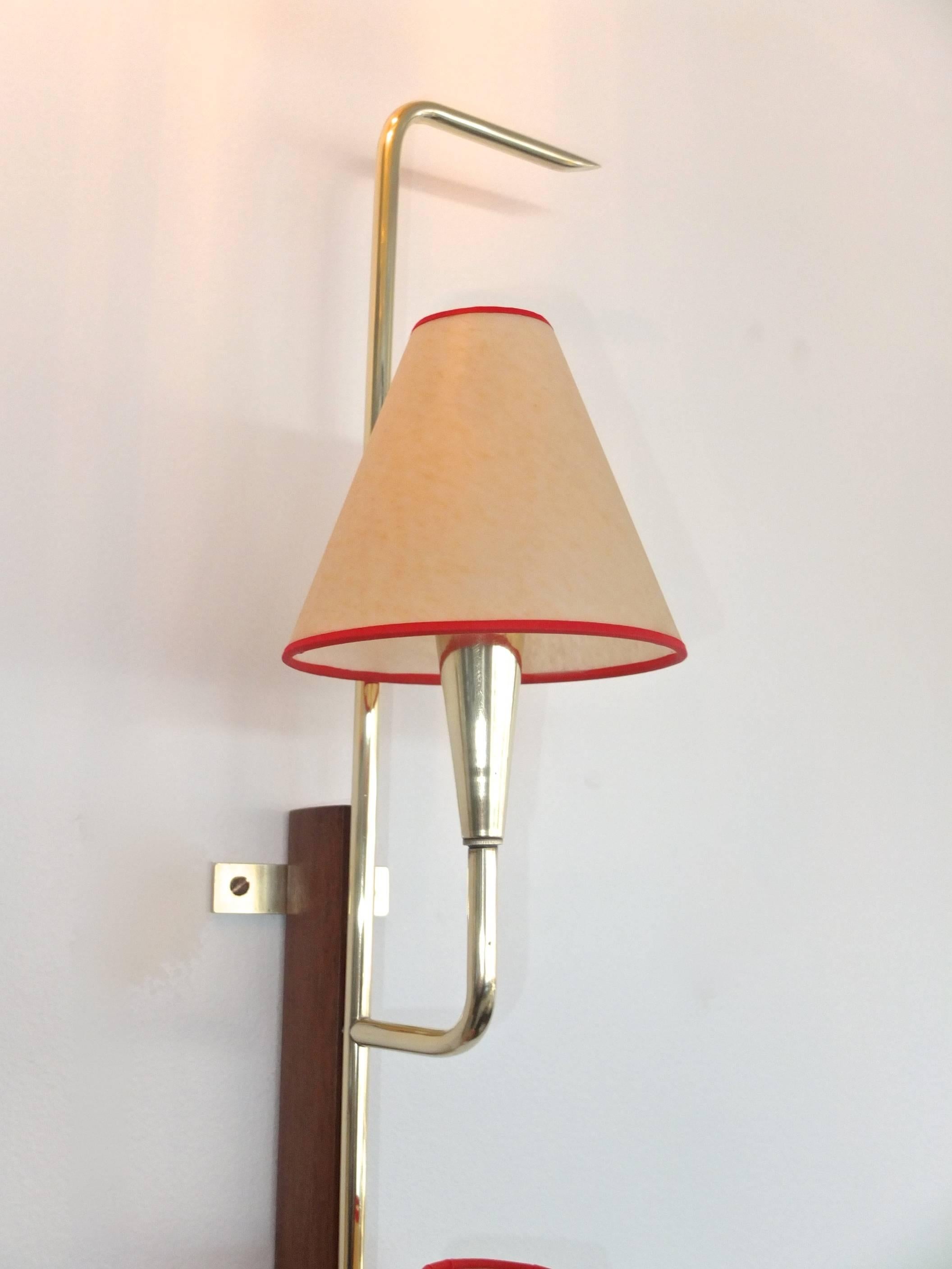 French Pair of Modernist Brass and Walnut Bracket Sconces