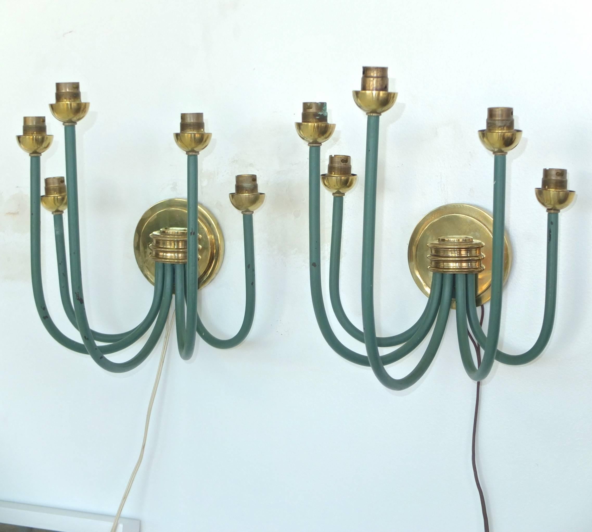 Mid-Century Modern French Large-Scale Five Branch Wall Sconces in Brass and Green Painted Iron