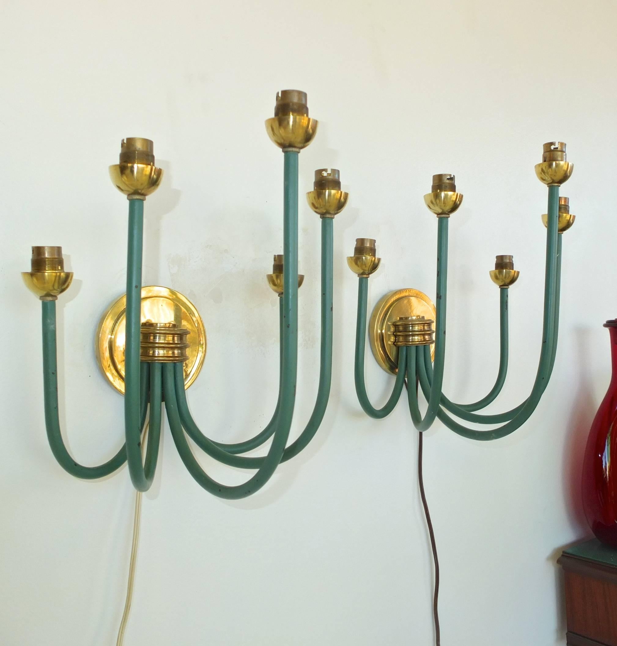 Enameled French Large-Scale Five Branch Wall Sconces in Brass and Green Painted Iron