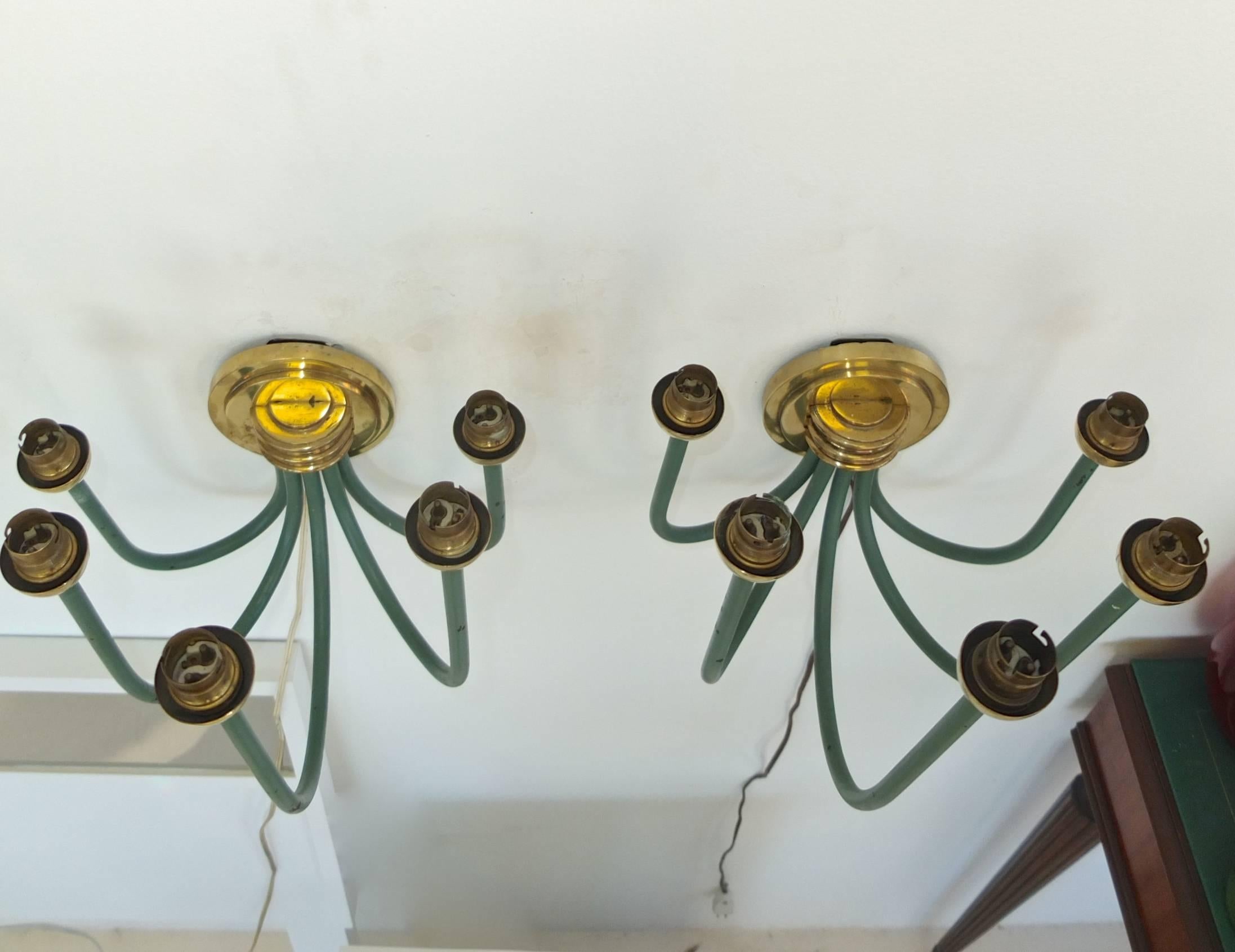 Mid-20th Century French Large-Scale Five Branch Wall Sconces in Brass and Green Painted Iron