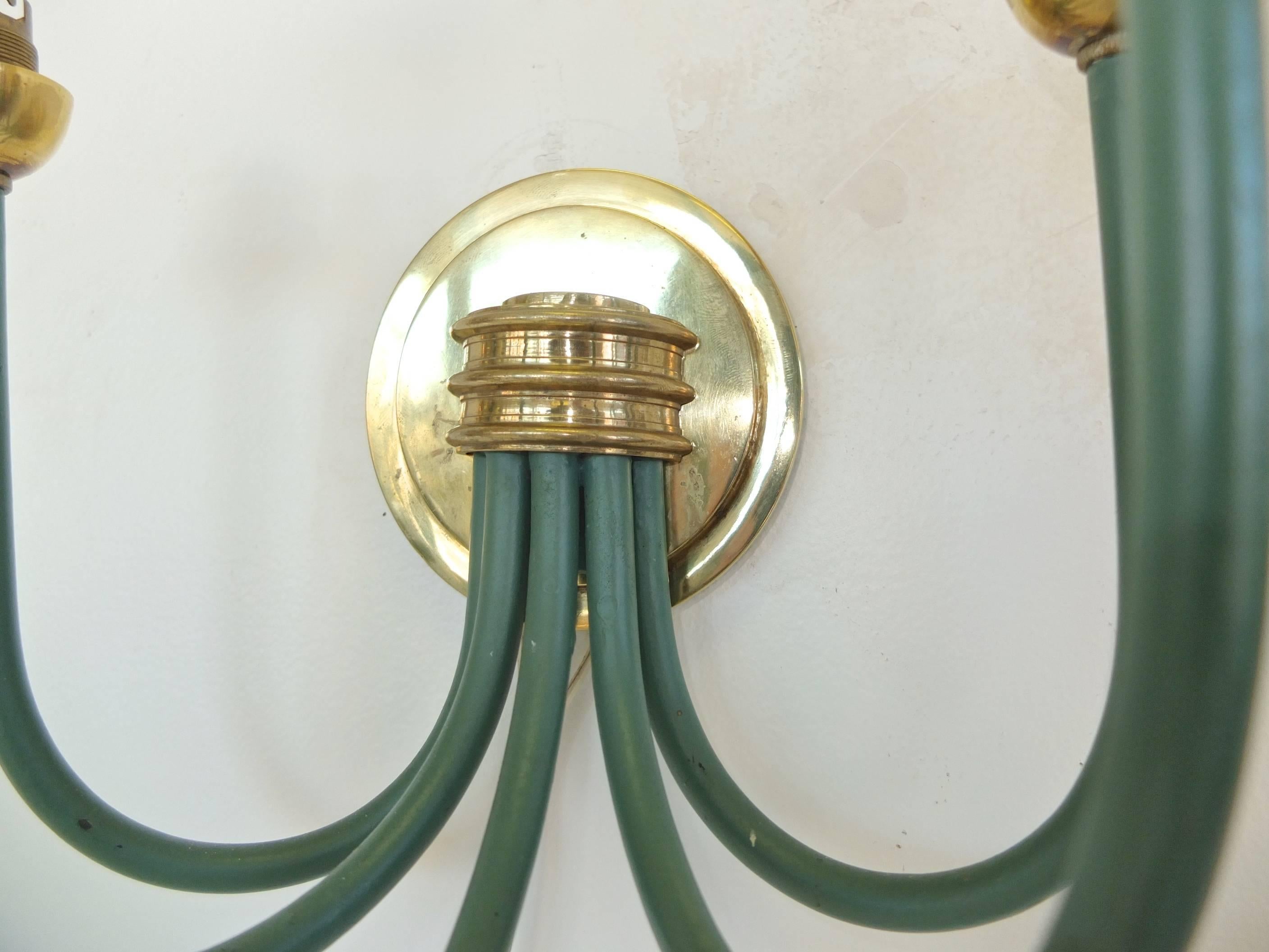 French Large-Scale Five Branch Wall Sconces in Brass and Green Painted Iron 1