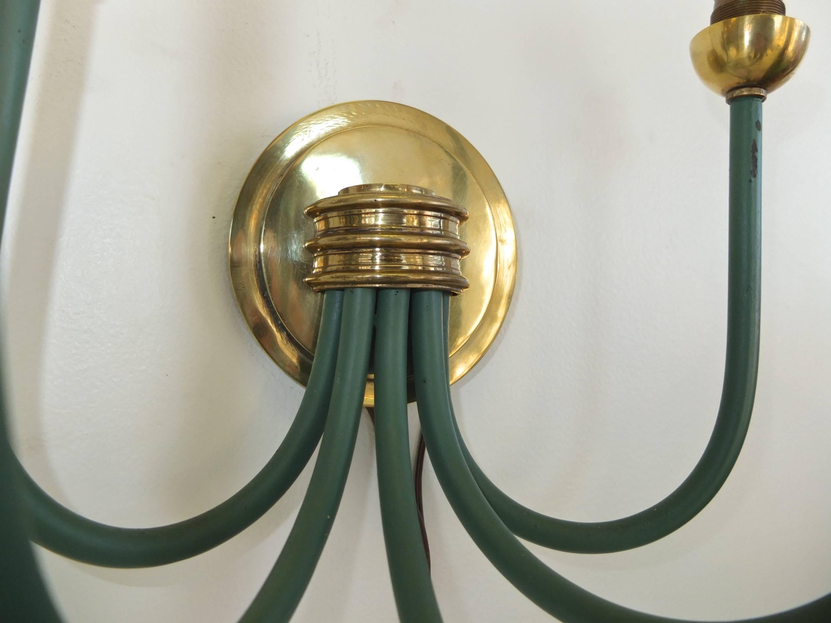 French Large-Scale Five Branch Wall Sconces in Brass and Green Painted Iron 2