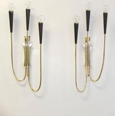 Pair of Brass & Gunmetal Tri-Cone Candelabra Sconces