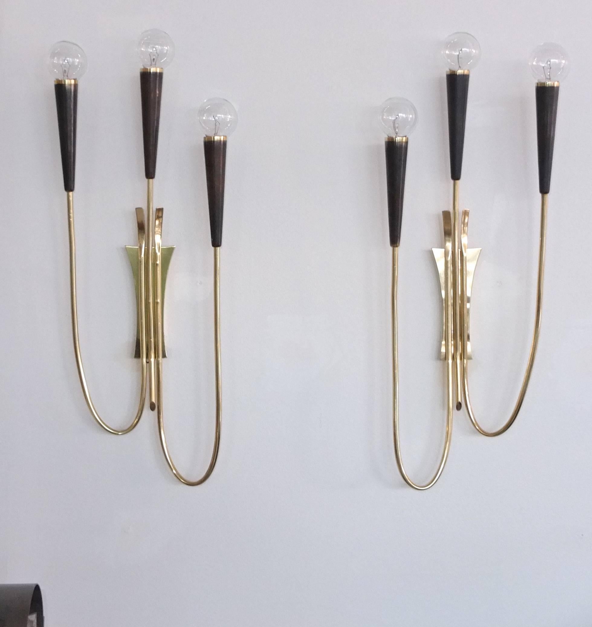 Mid-20th Century Pair of Brass & Gunmetal Tri-Cone Candelabra Sconces For Sale
