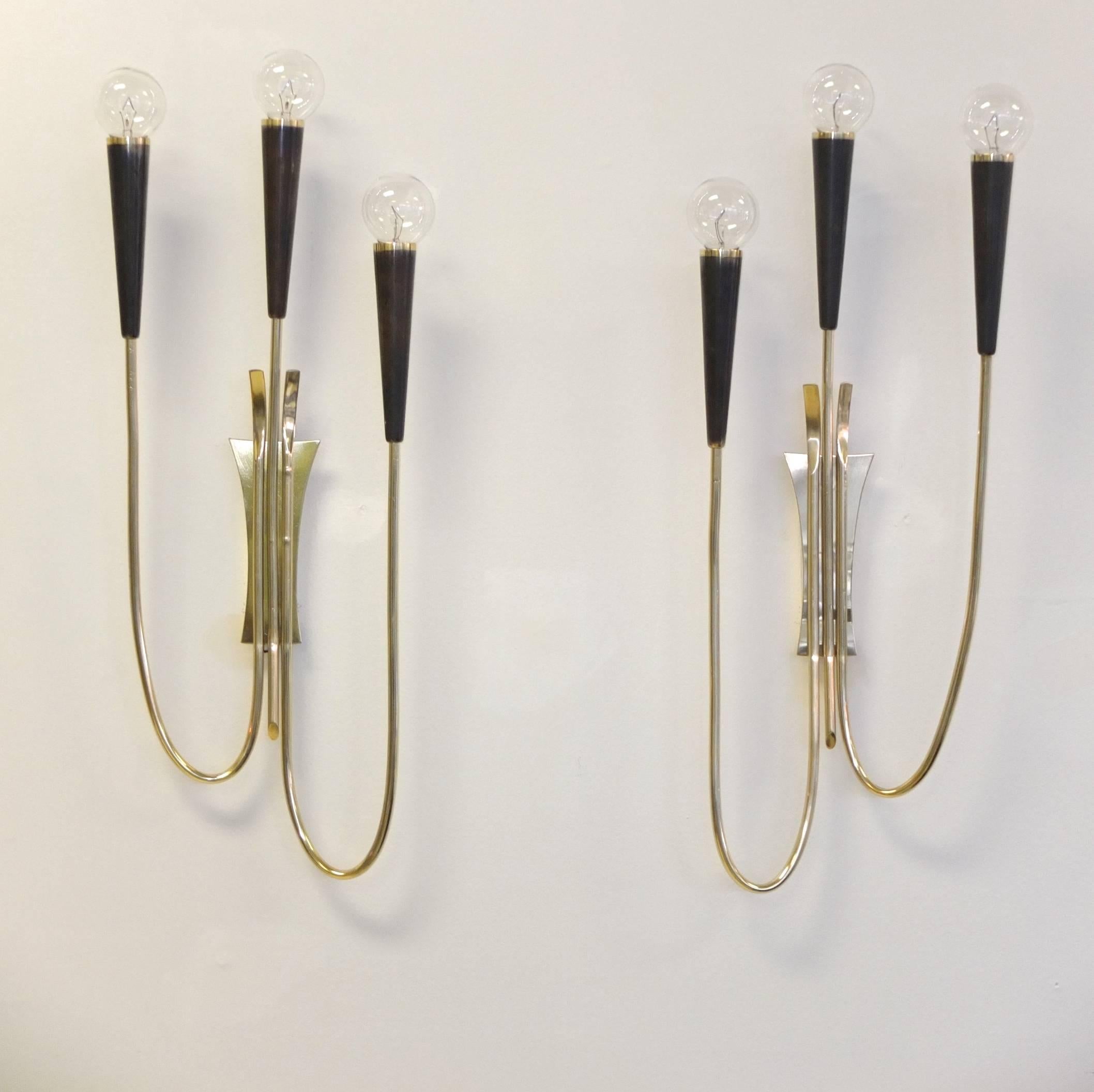 Pair of Brass & Gunmetal Tri-Cone Candelabra Sconces For Sale 2