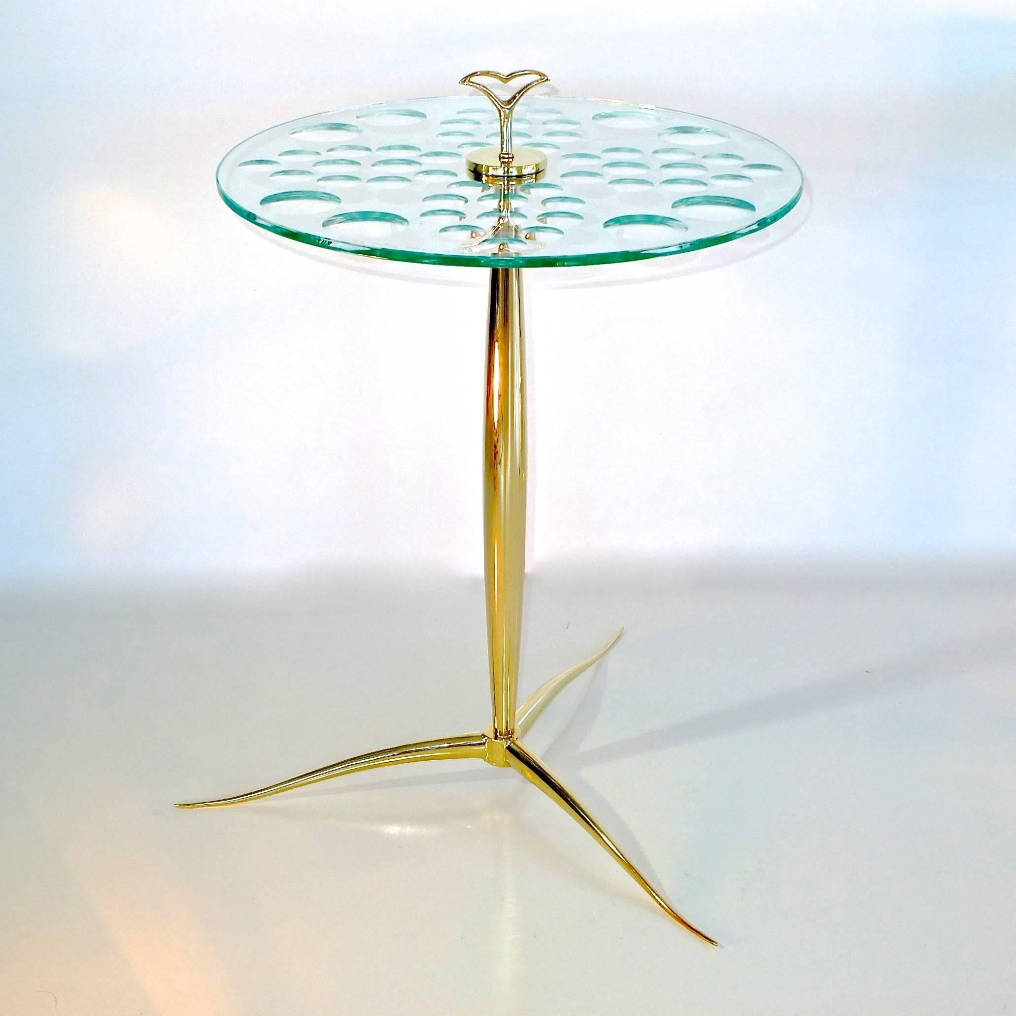 Exclusive limited edition (of two) occasional table custom crafted in the studio workshop of Beyond Gorgeosity, the Nonna table, our own new design created from selected vintage elements, marrying an elegant sinewy Italian solid brass tripod base