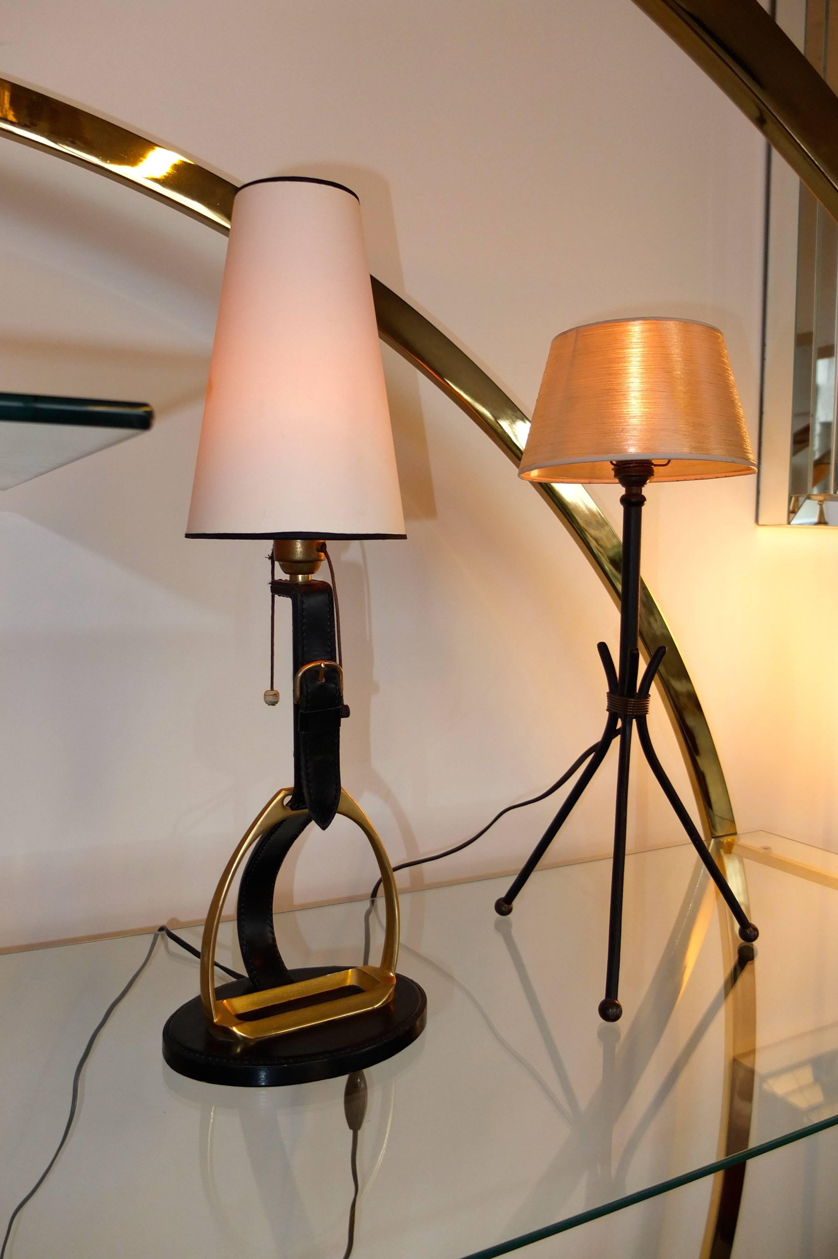 Mid-Century Modern French Brass & Equestrian Stitched Leather Lamp by Longchamps