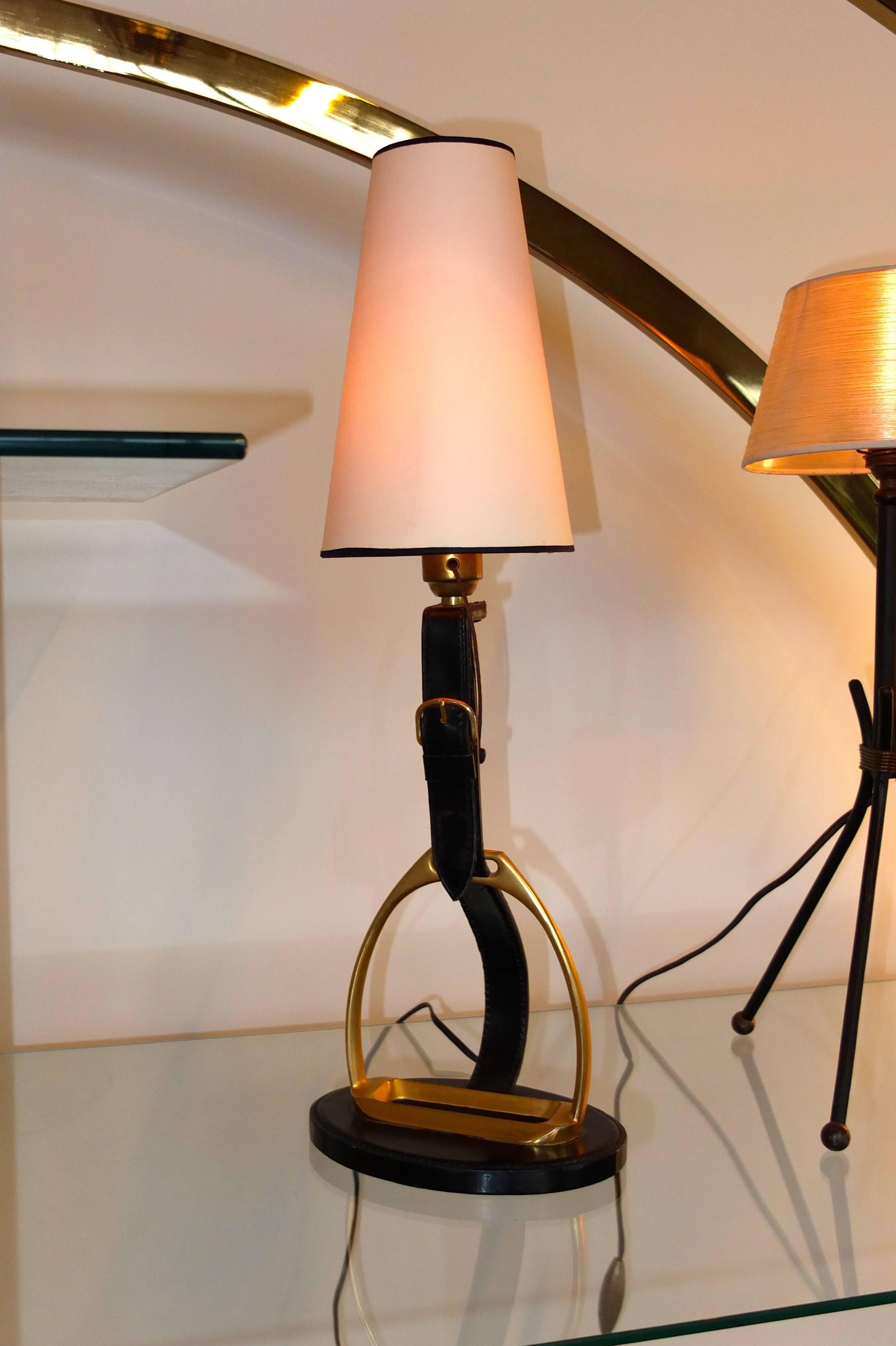 French Brass & Equestrian Stitched Leather Lamp by Longchamps In Excellent Condition In Hanover, MA