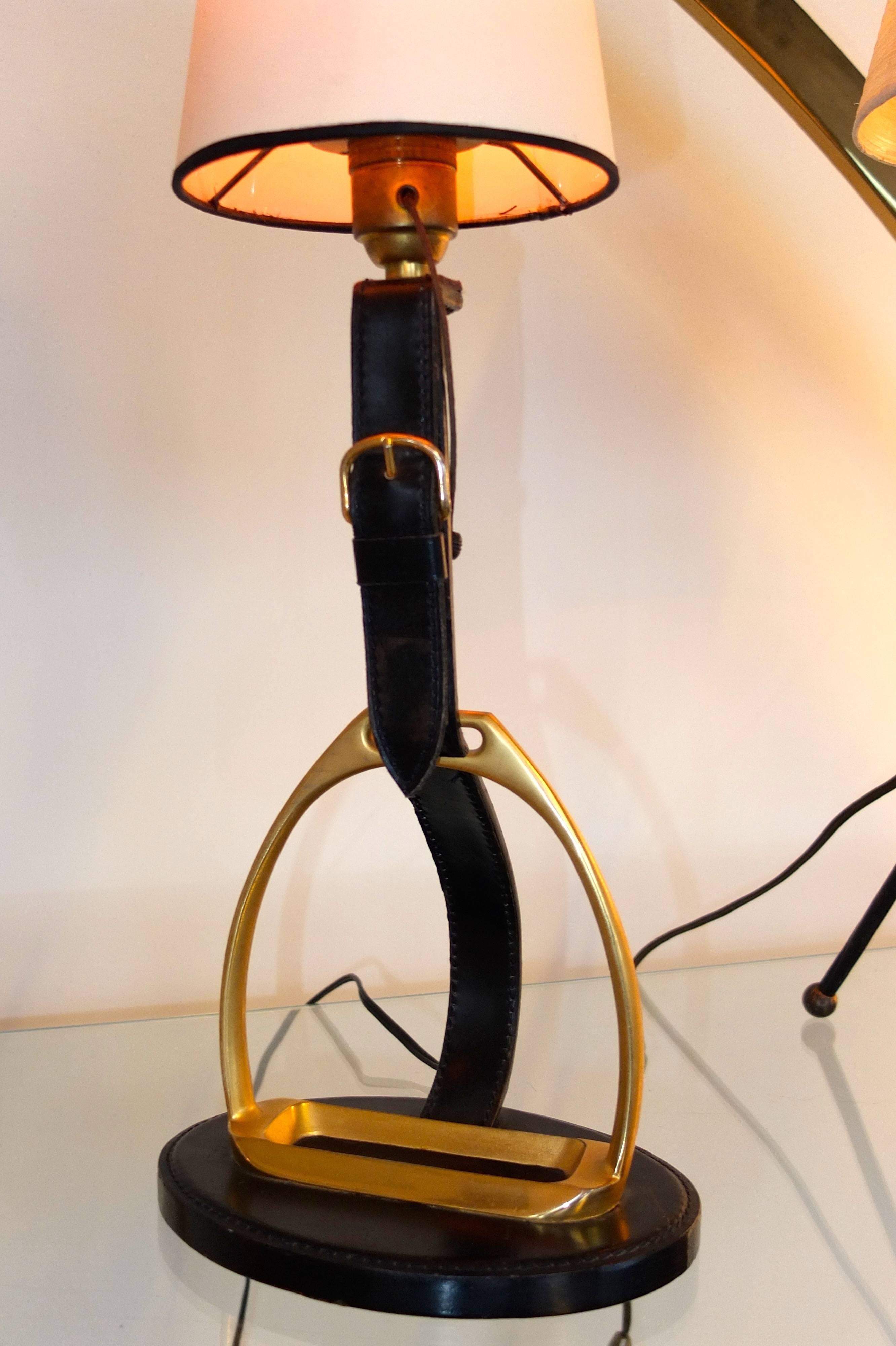 Mid-20th Century French Brass & Equestrian Stitched Leather Lamp by Longchamps