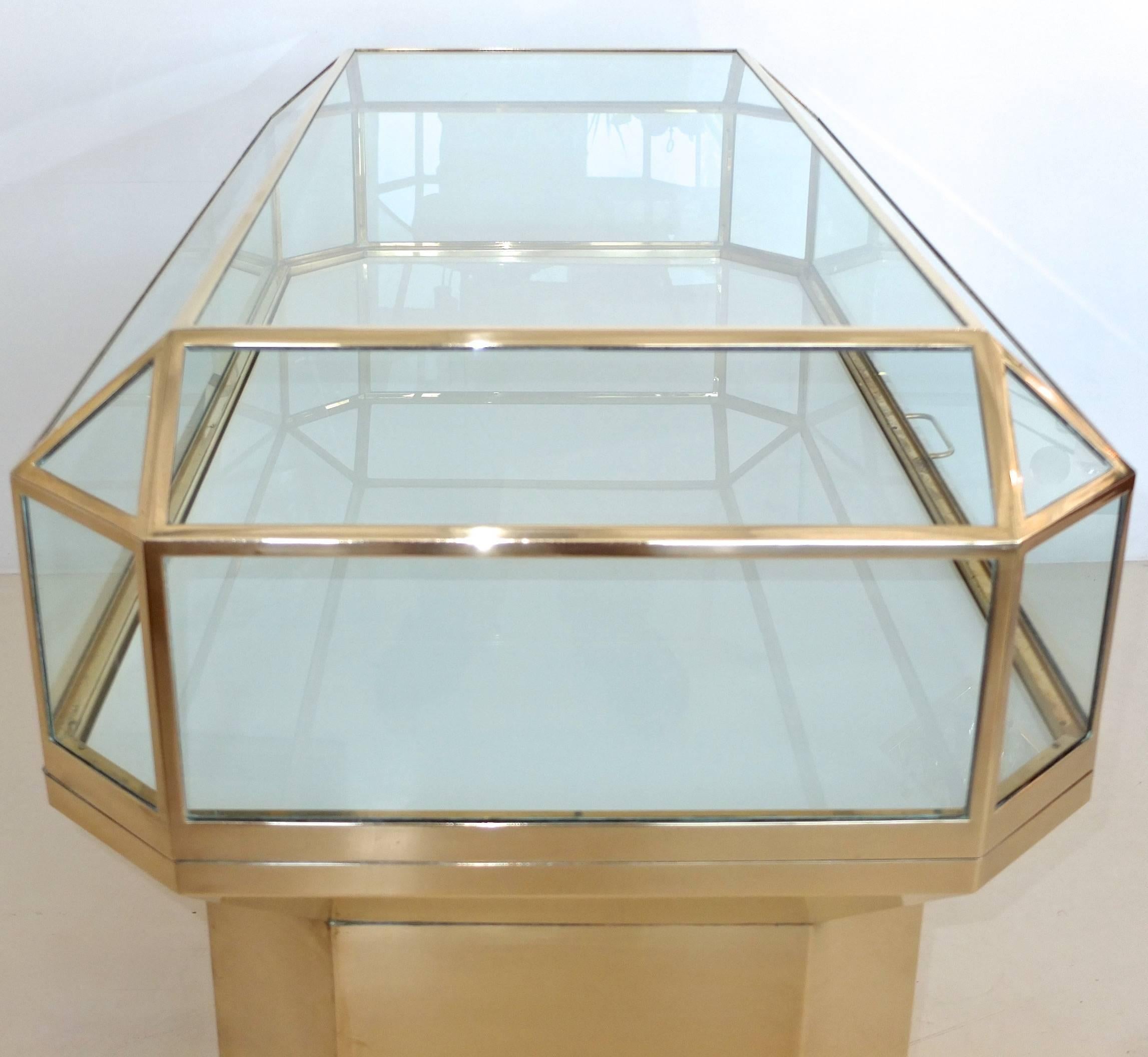 Modern Pair of Solid Brass and Glass Geometric Display Cases