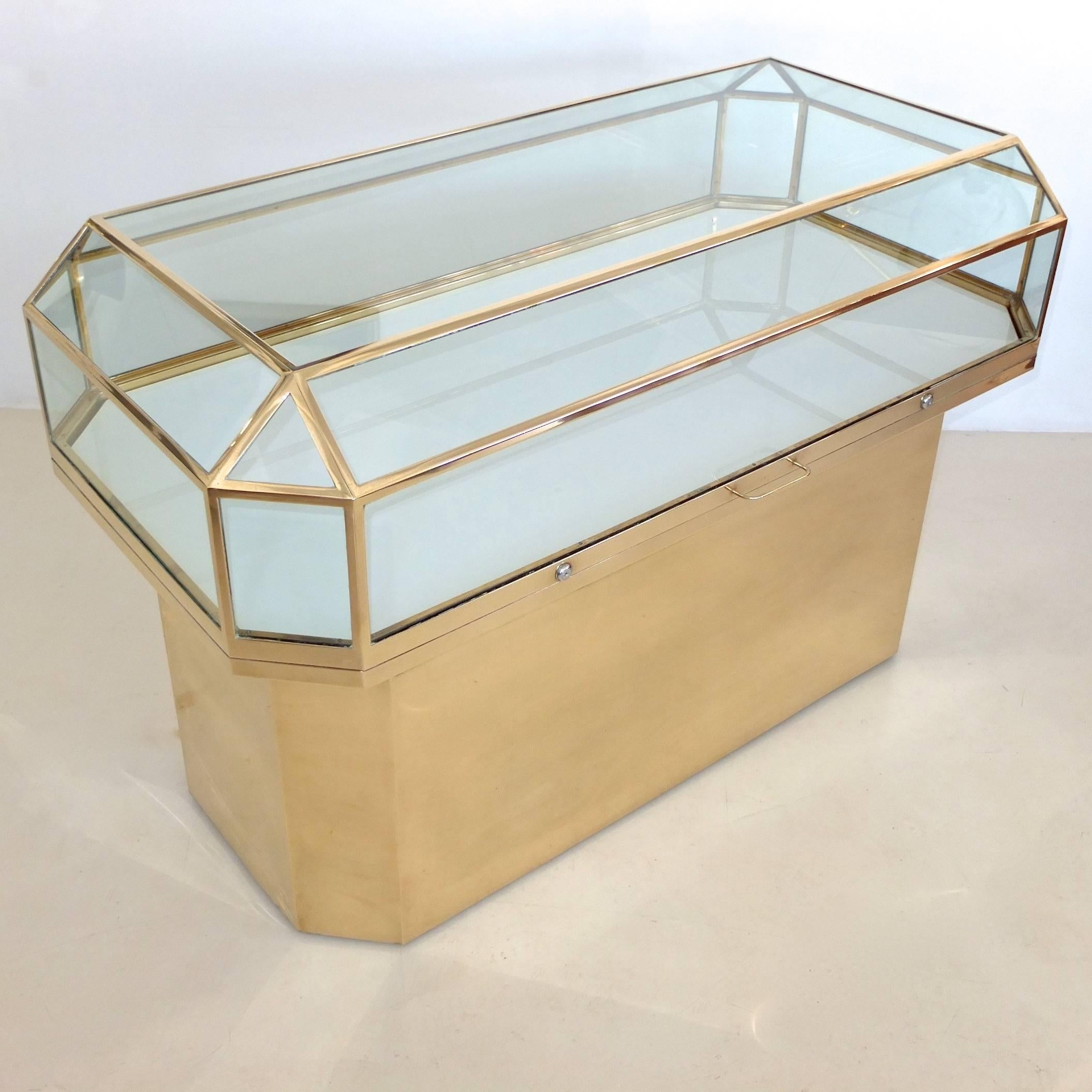 American Pair of Solid Brass and Glass Geometric Display Cases