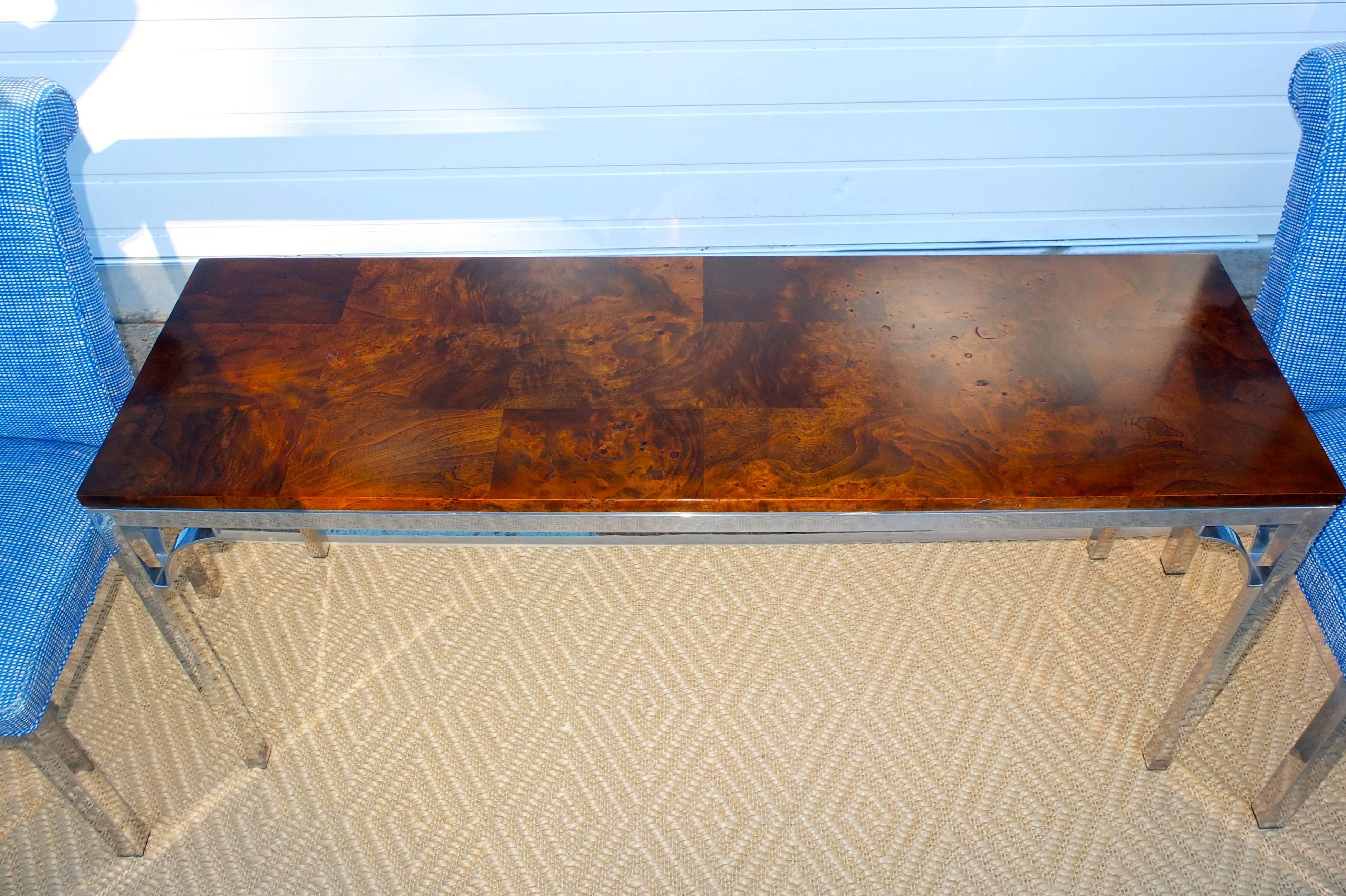 Mid-Century Modern Burl Walnut and Aluminium Console/Sofa Table by Tomlinson For Sale