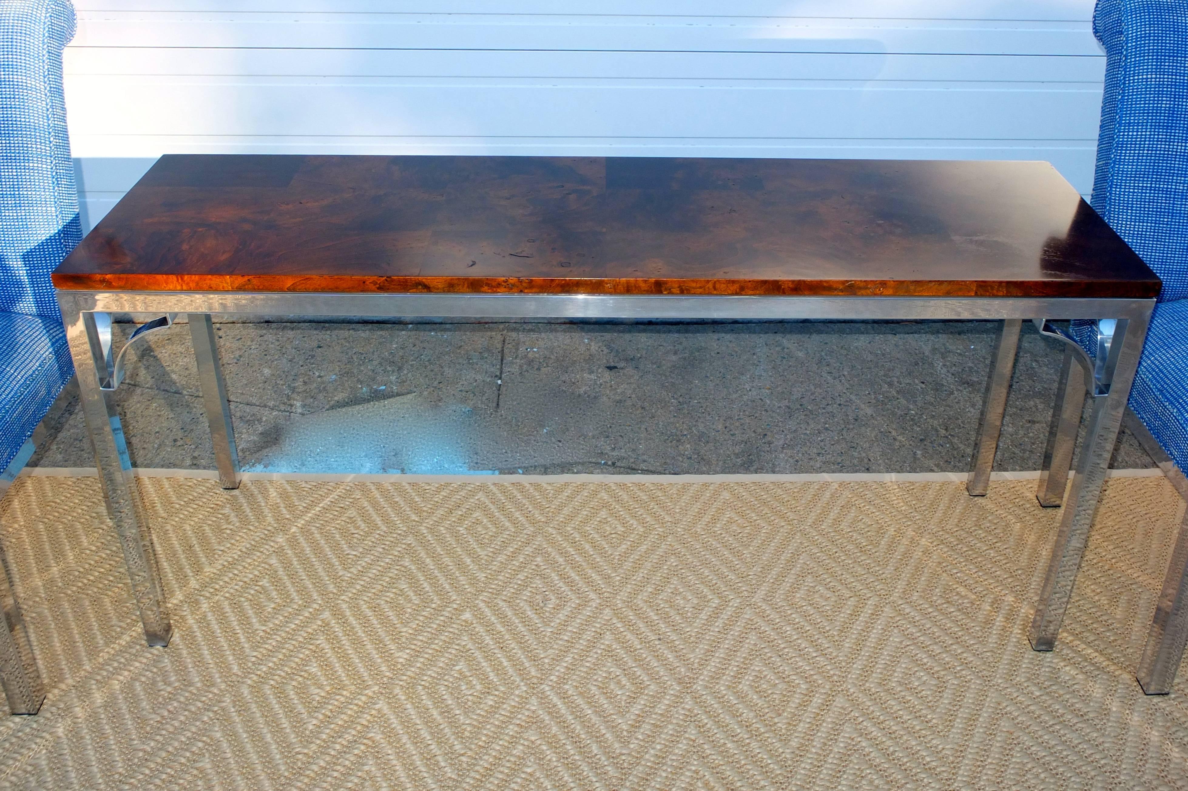 Burl Walnut and Aluminium Console/Sofa Table by Tomlinson In Excellent Condition For Sale In Hanover, MA
