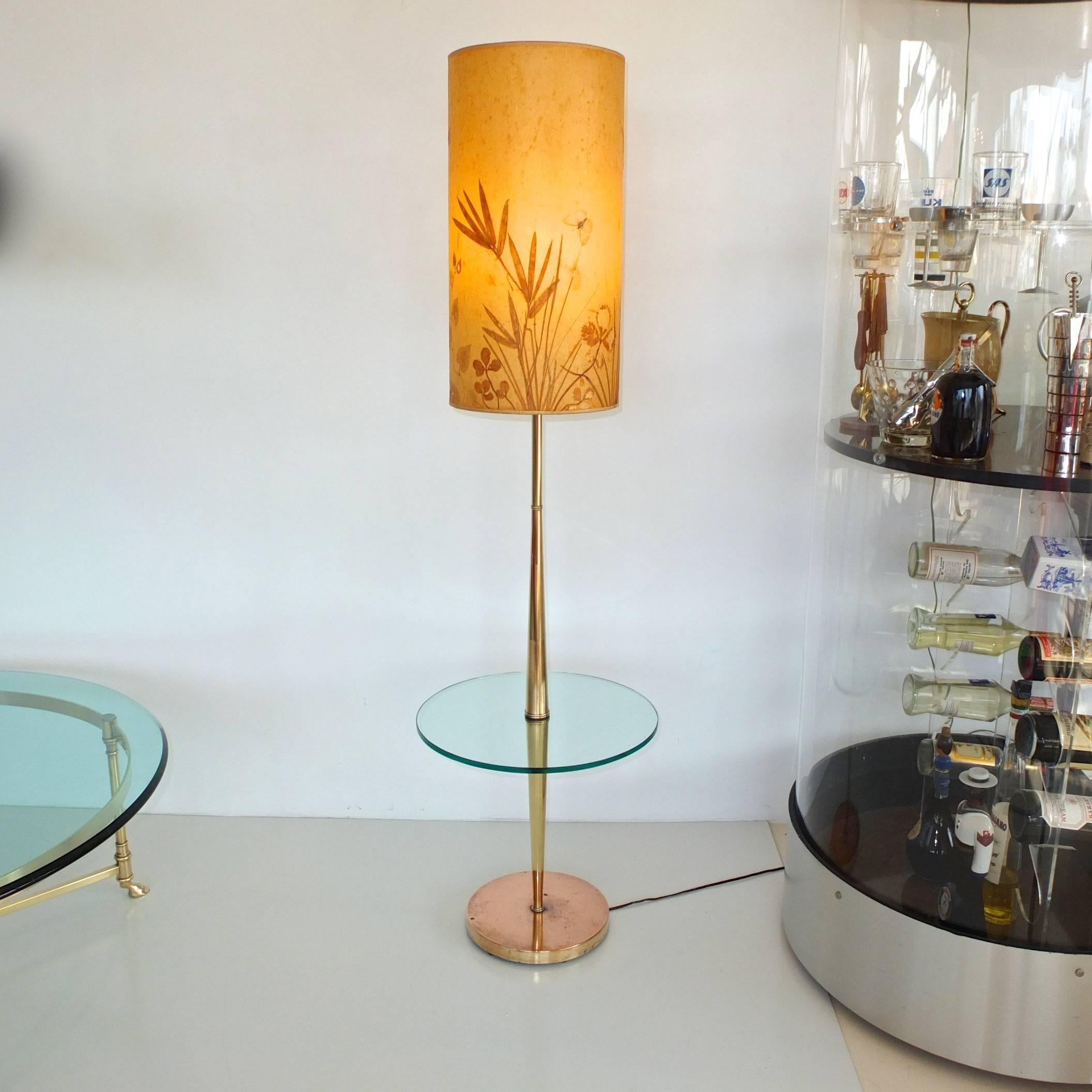 American Vintage Tapered Brass Floor Lamp with Integrated Glass Table For Sale