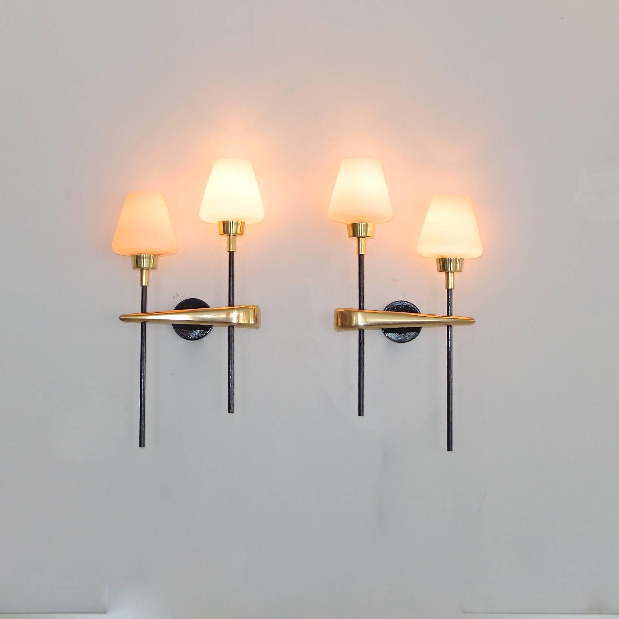 French Pair of Brass and Iron Two-Light Sconces by Arlus