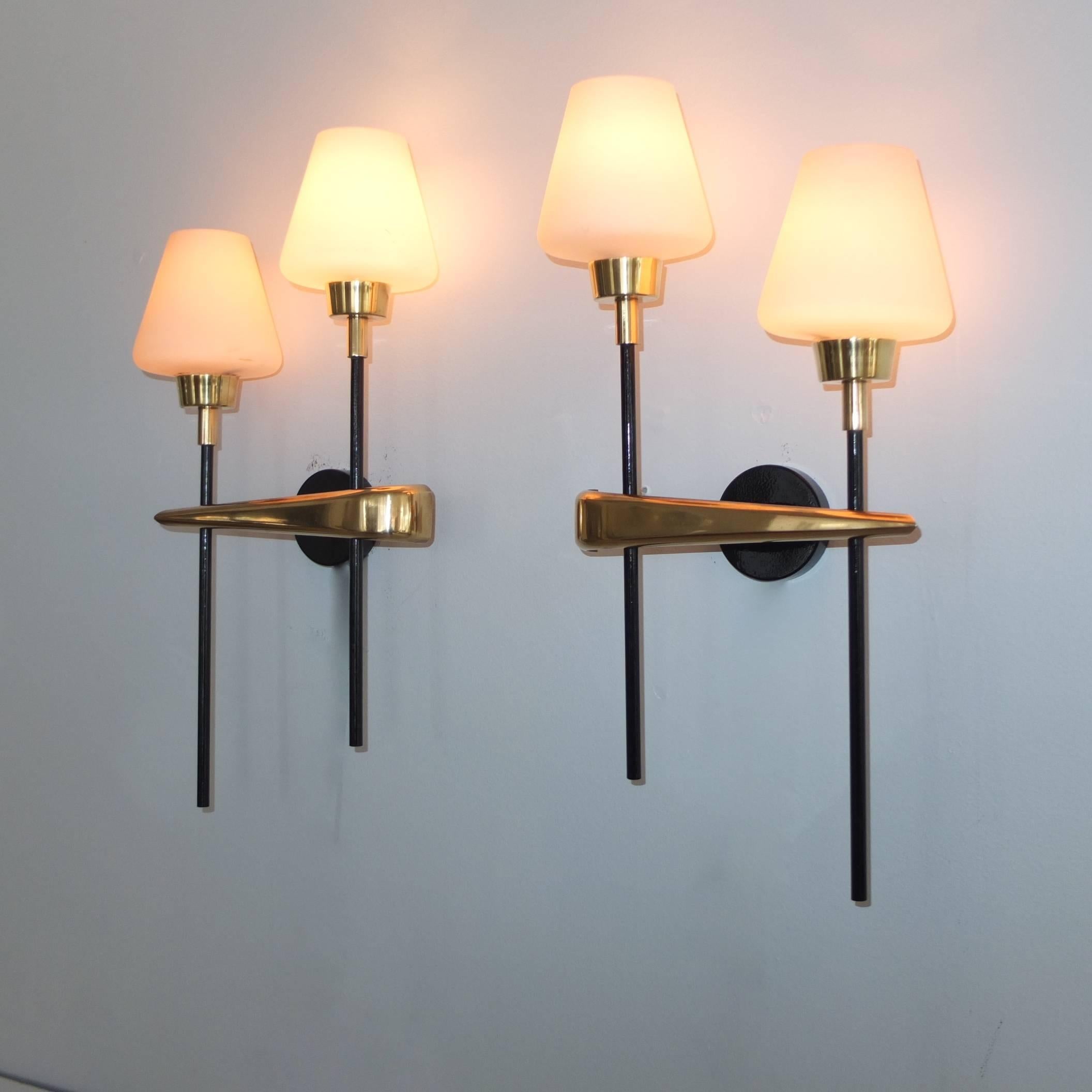 Pair of Brass and Iron Two-Light Sconces by Arlus In Excellent Condition In Hanover, MA