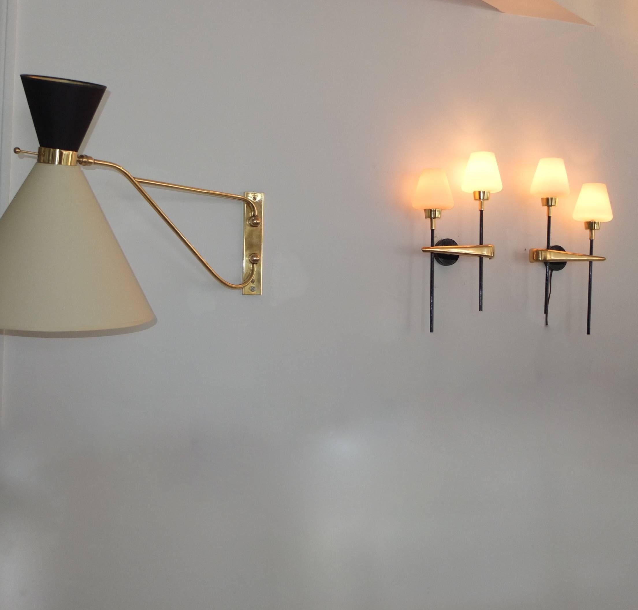 Pair of Brass and Iron Two-Light Sconces by Arlus 1
