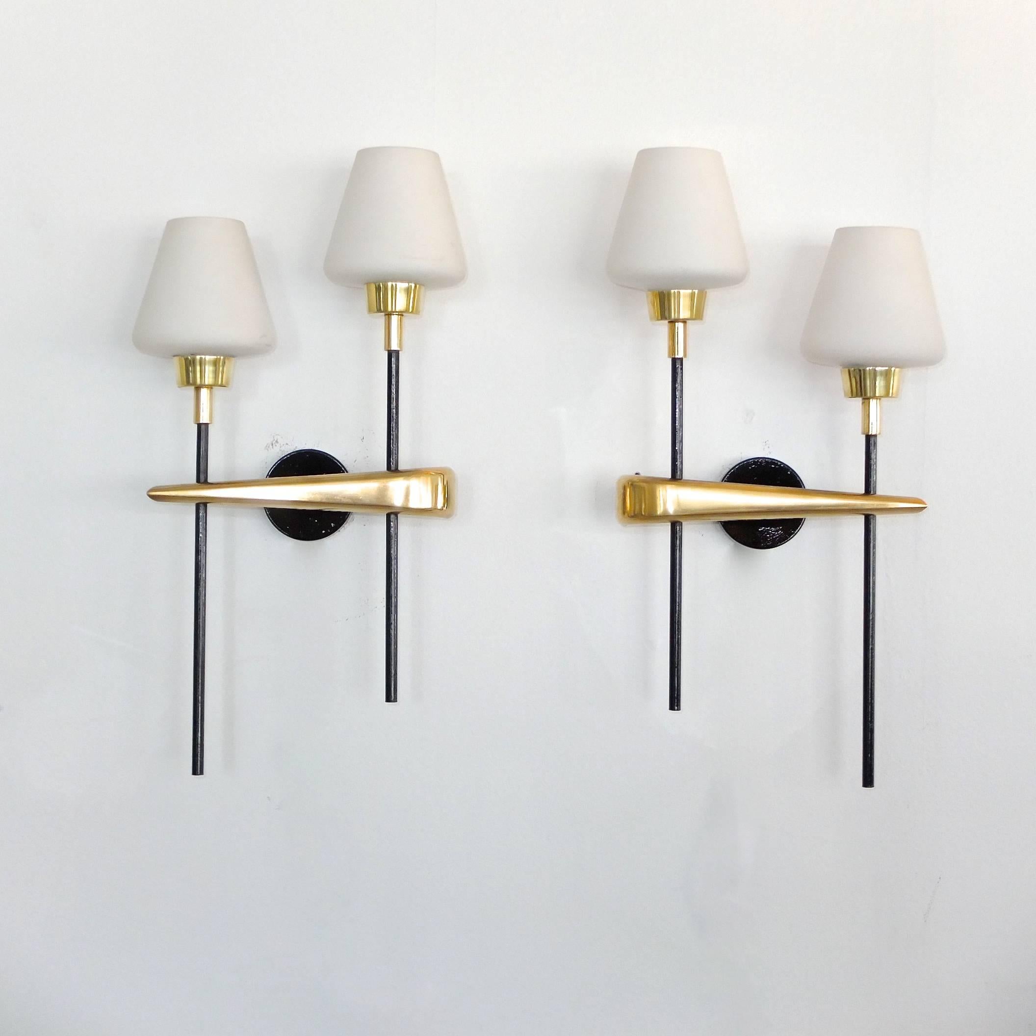 Mid-Century Modern Pair of Brass and Iron Two-Light Sconces by Arlus