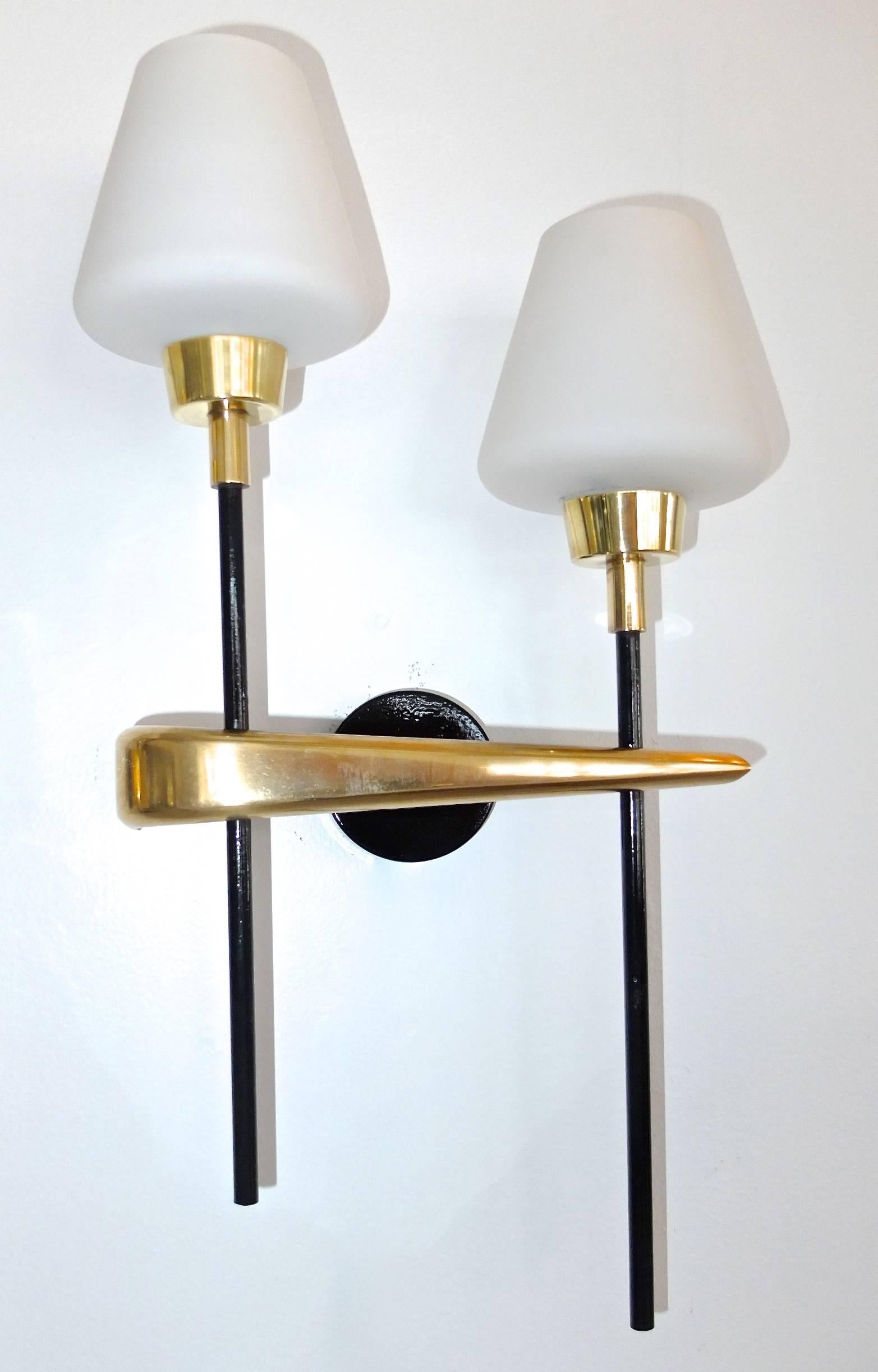 Enameled Pair of Brass and Iron Two-Light Sconces by Arlus