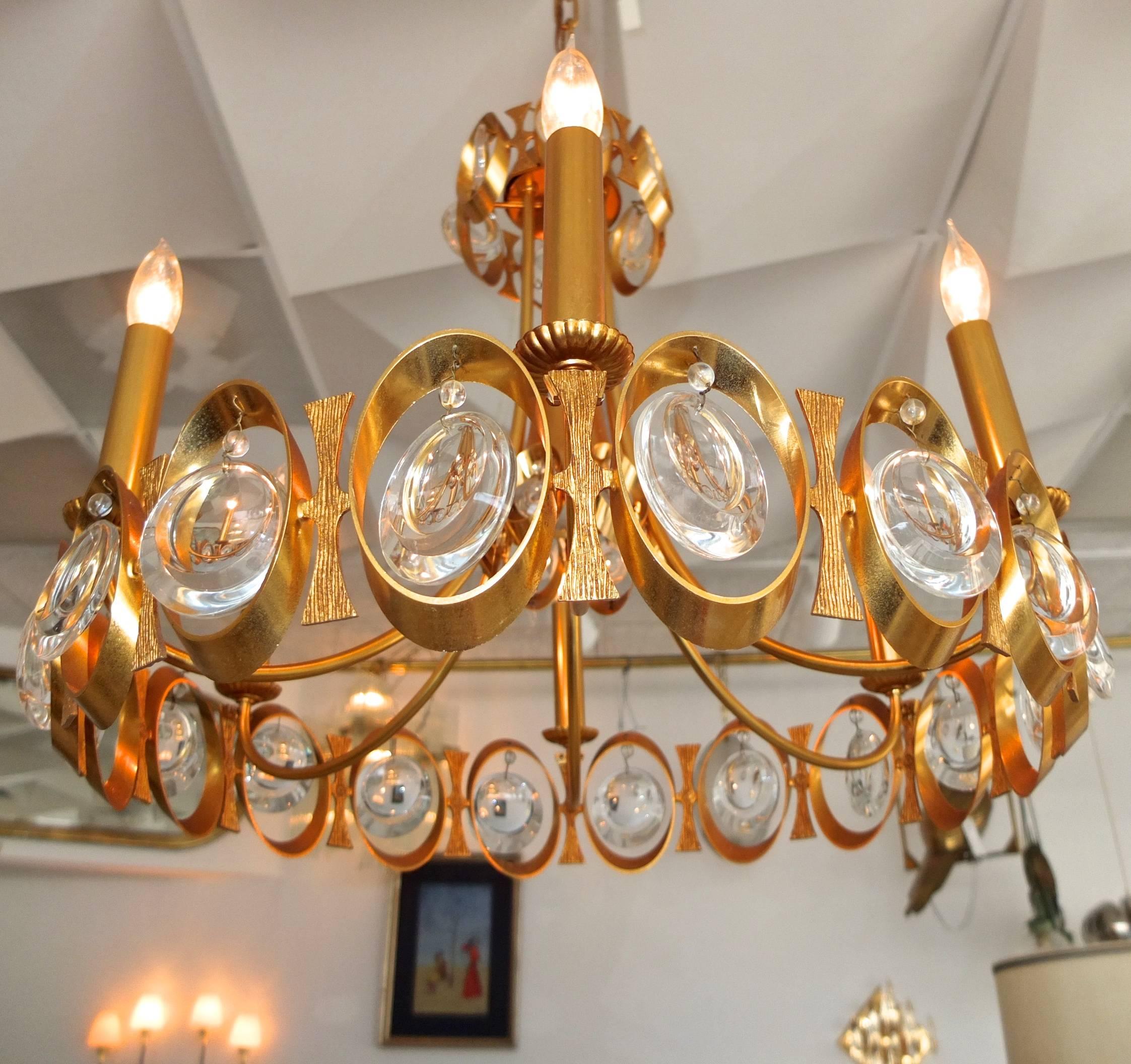 German Palwa Gilt Brass and Optic Lens Crystal Chandelier For Sale