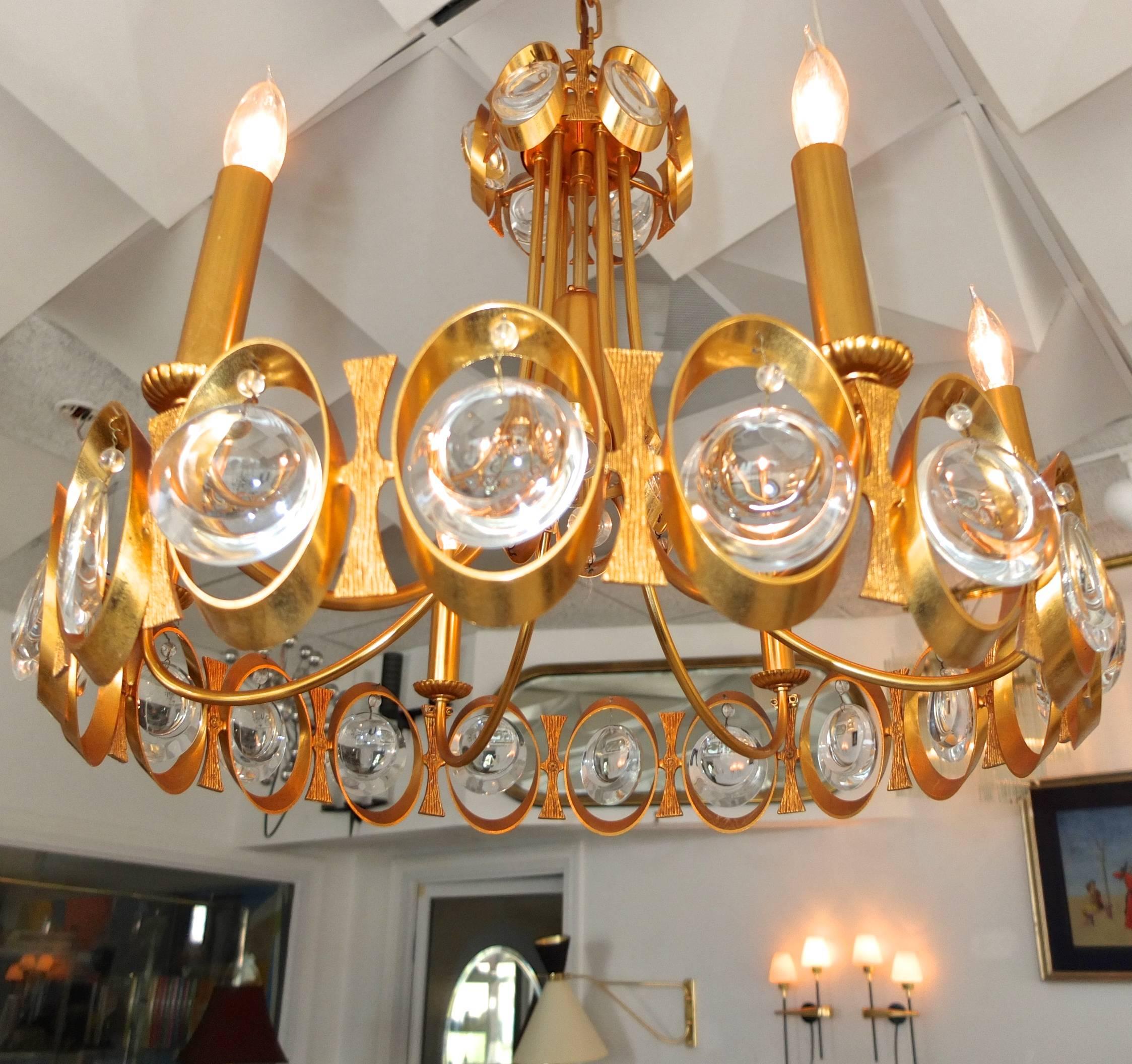 Palwa Gilt Brass and Optic Lens Crystal Chandelier In Good Condition For Sale In Hanover, MA