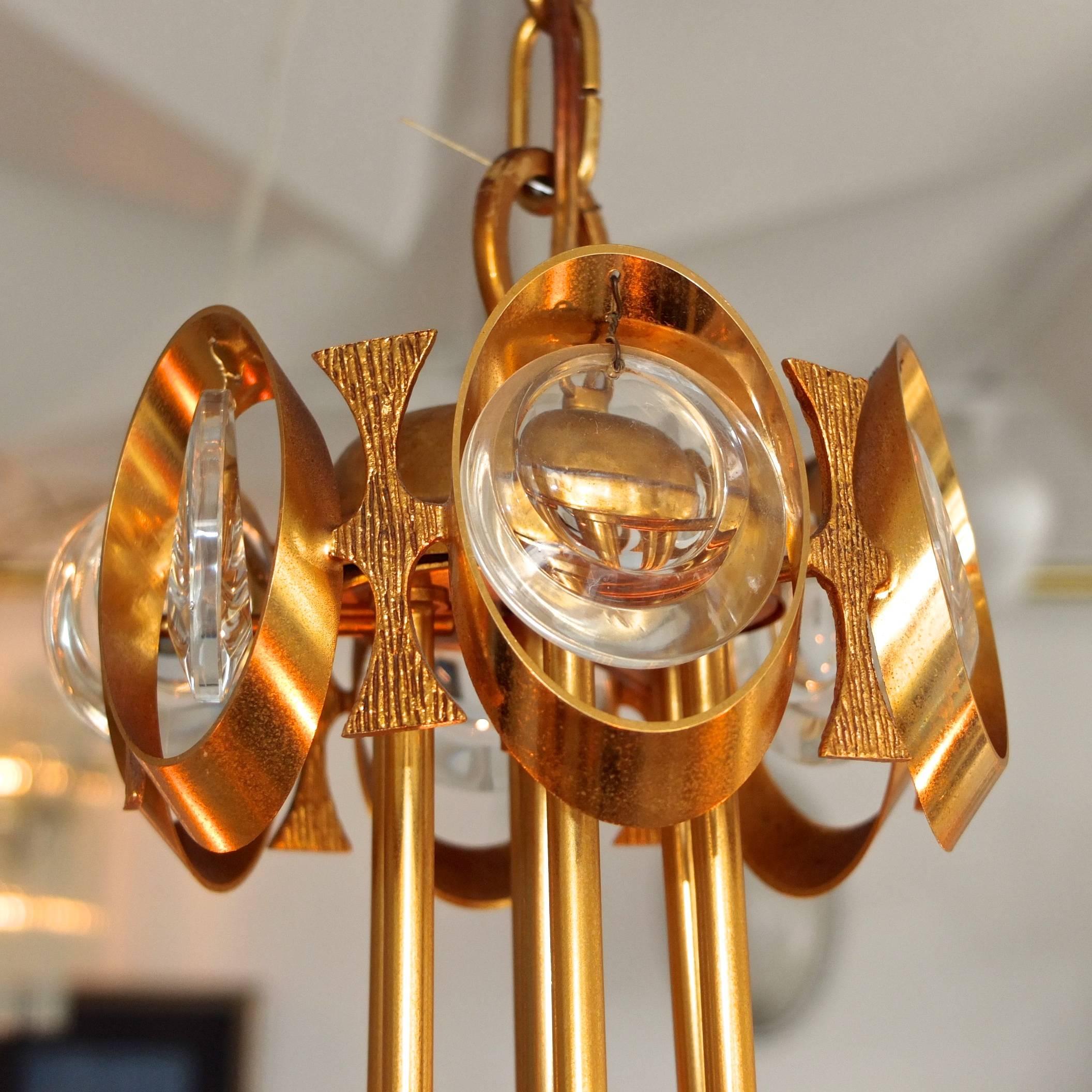 Optical Glass Palwa Gilt Brass and Optic Lens Crystal Chandelier For Sale