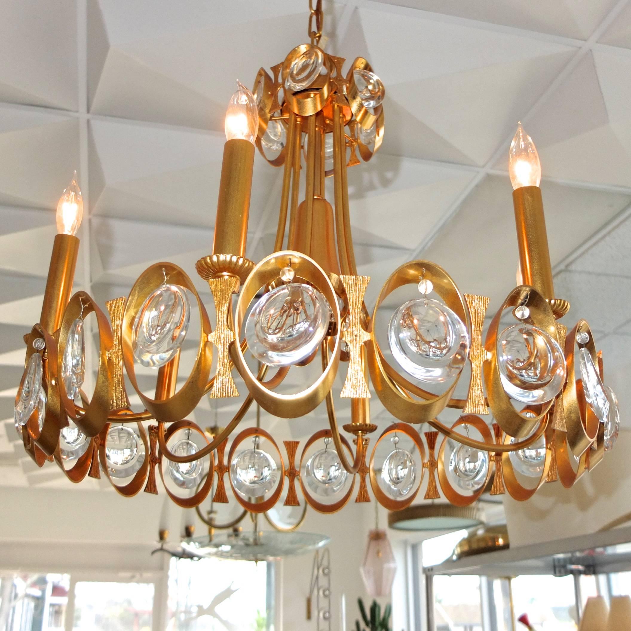 Palwa Gilt Brass and Optic Lens Crystal Chandelier For Sale 1