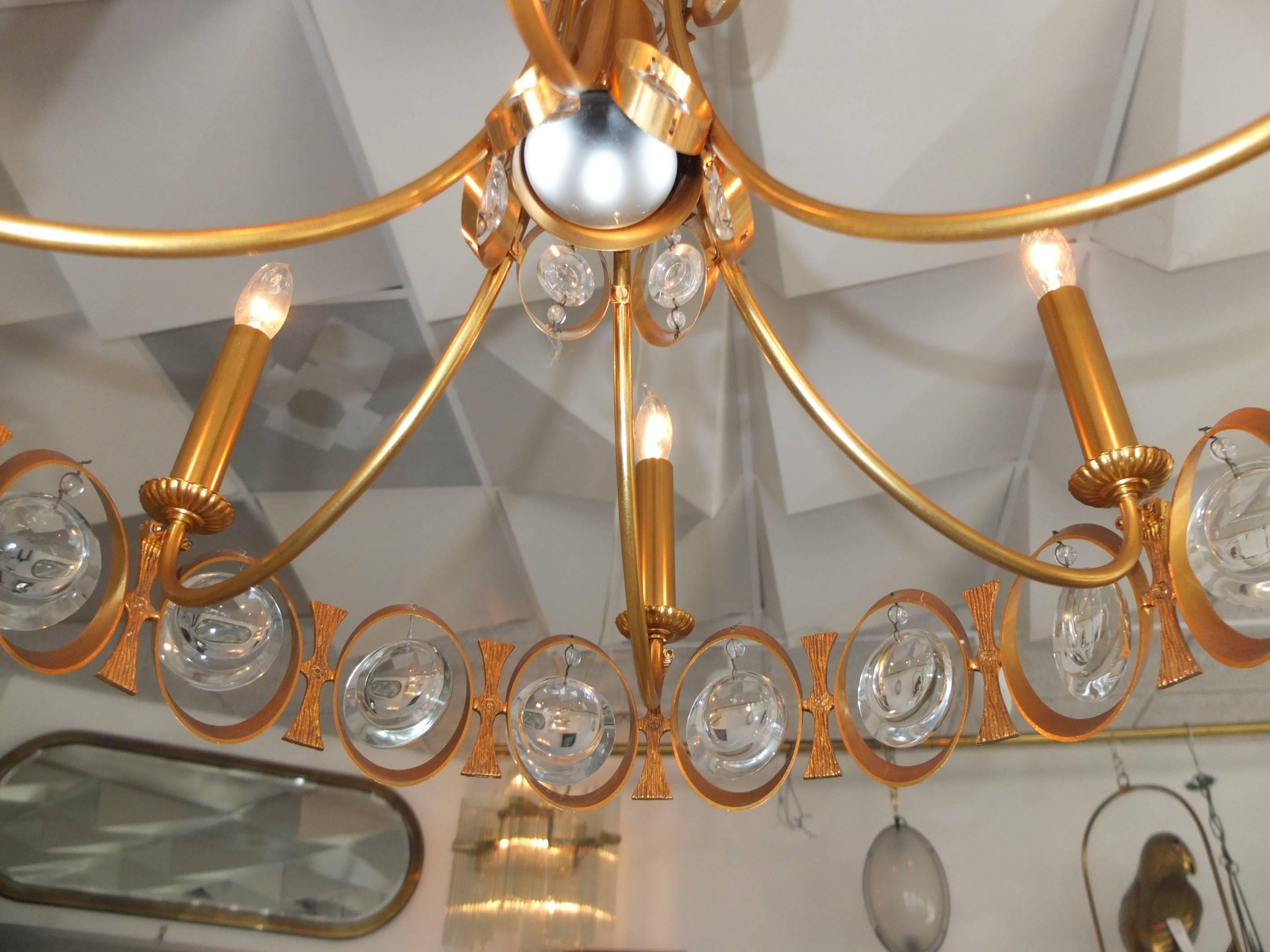 Palwa Gilt Brass and Optic Lens Crystal Chandelier For Sale 2