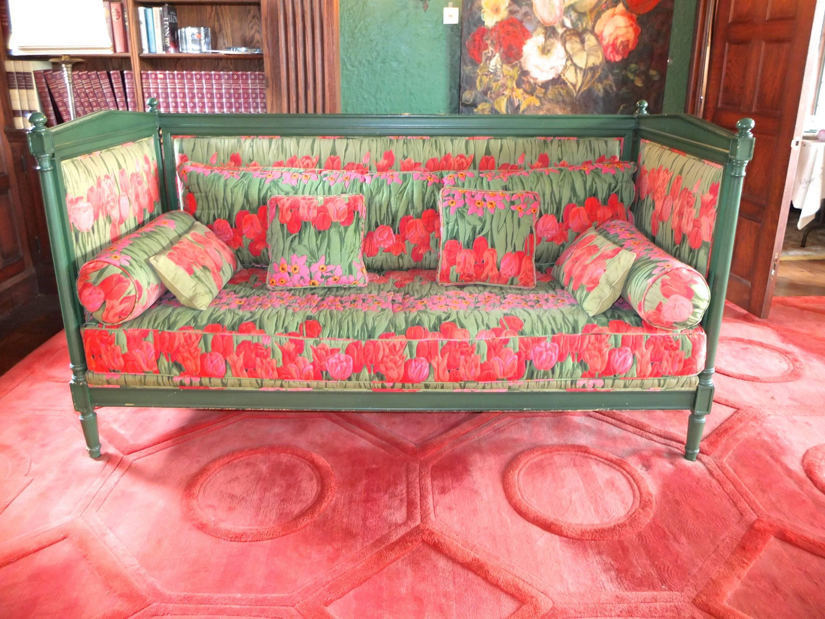 I am hoping someone will recognize this amazing fabric and then contact me with the answer because it is truly Beyond Gorgeosity. All I know is that it is a very up-market quilted fabric from 1970.

I see flaming red tulips with their green stems