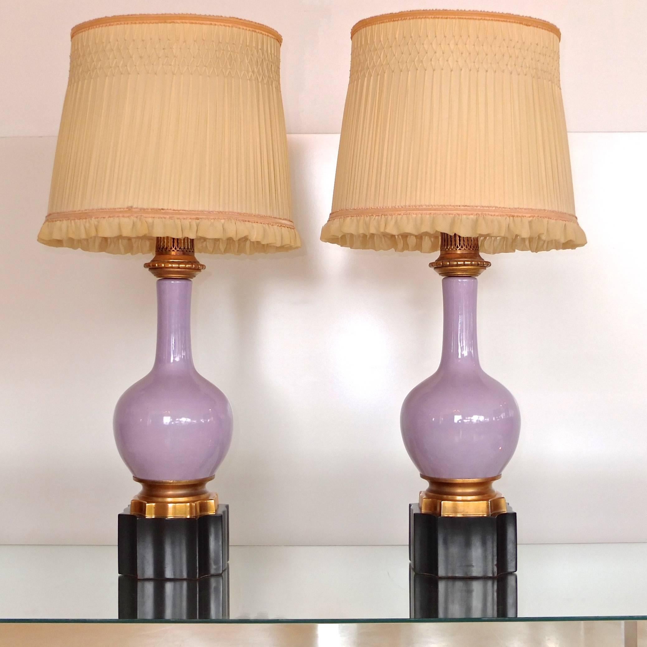 Hollywood Regency Pair of French Lilac and Gilt Porcelain Lamps