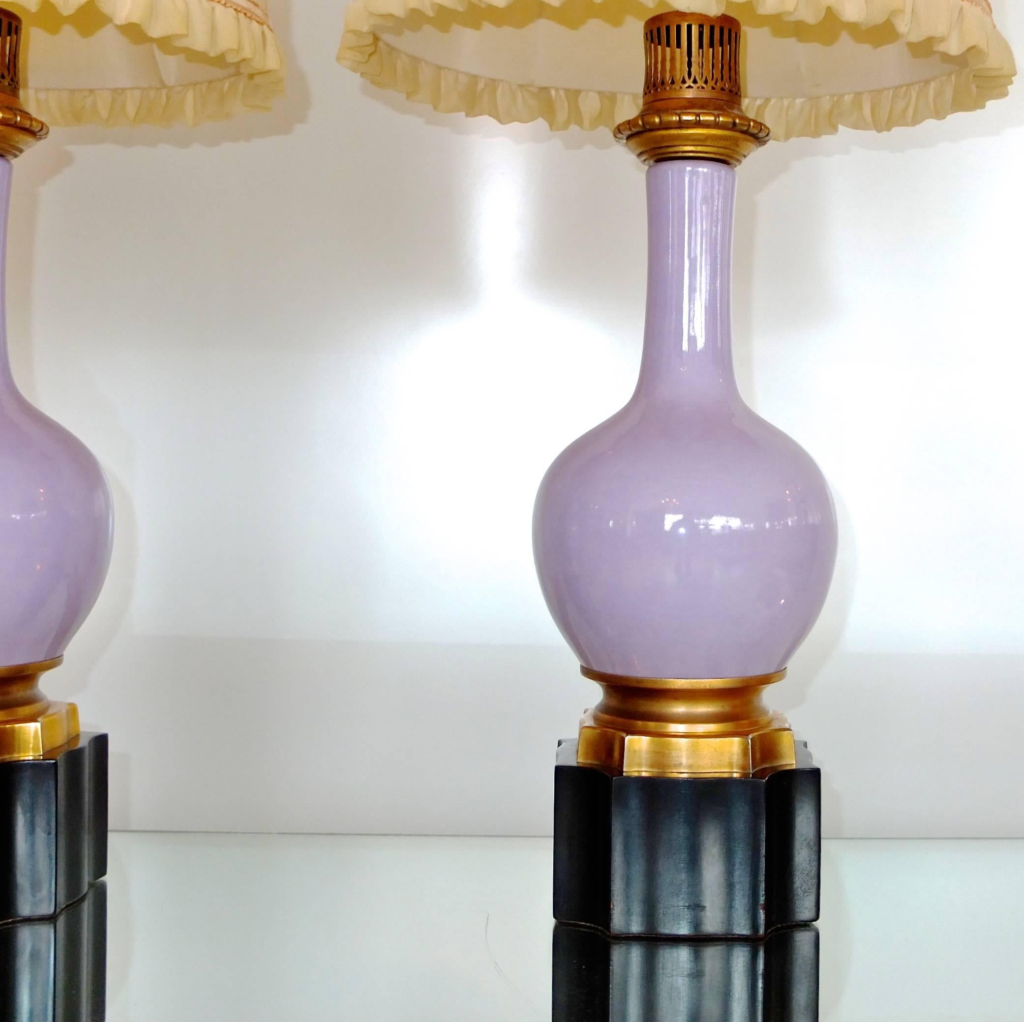 Mid-20th Century Pair of French Lilac and Gilt Porcelain Lamps