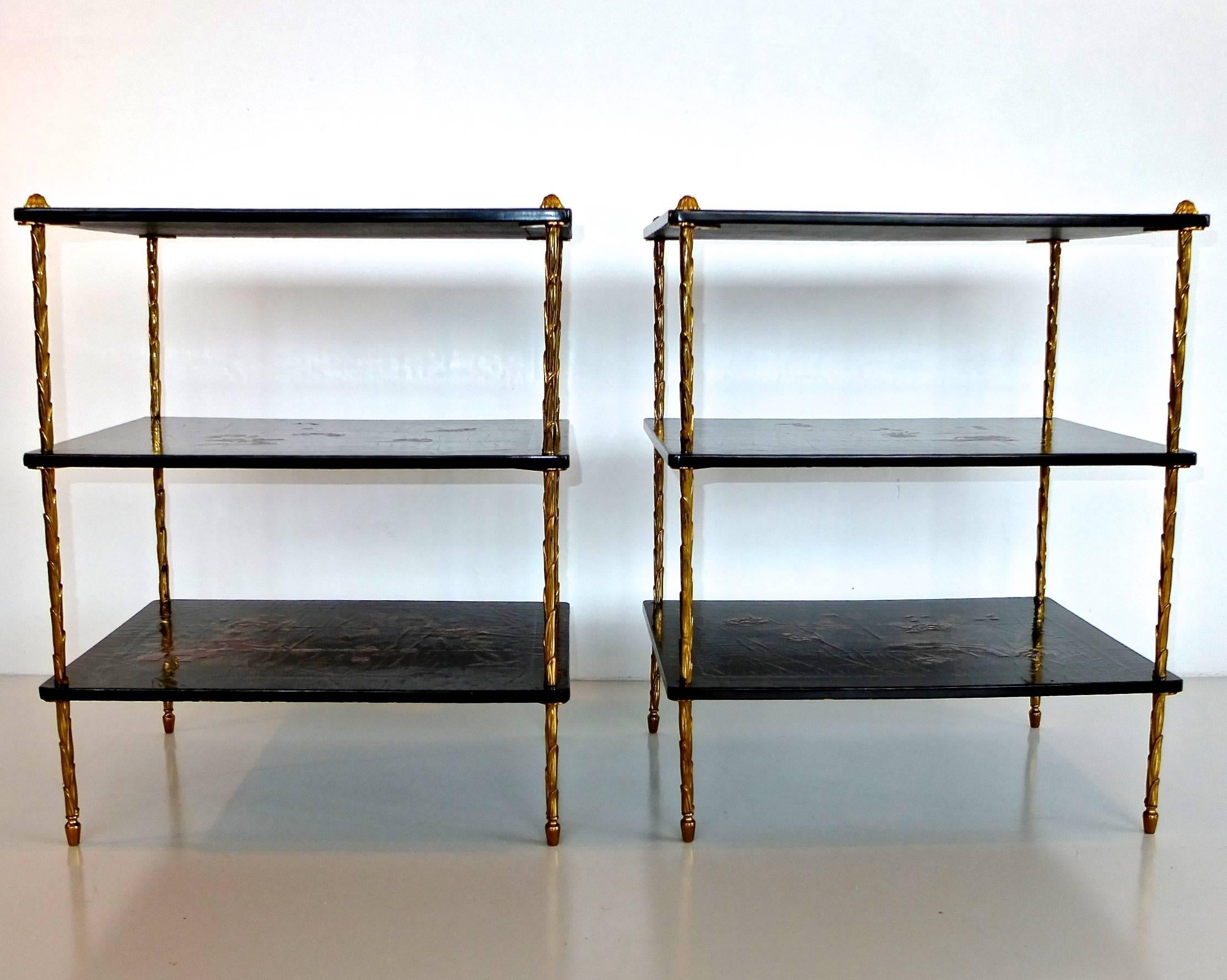 Mid-Century Modern Pair of Maison Jansen Three-Tier Black Japanned Side Tables