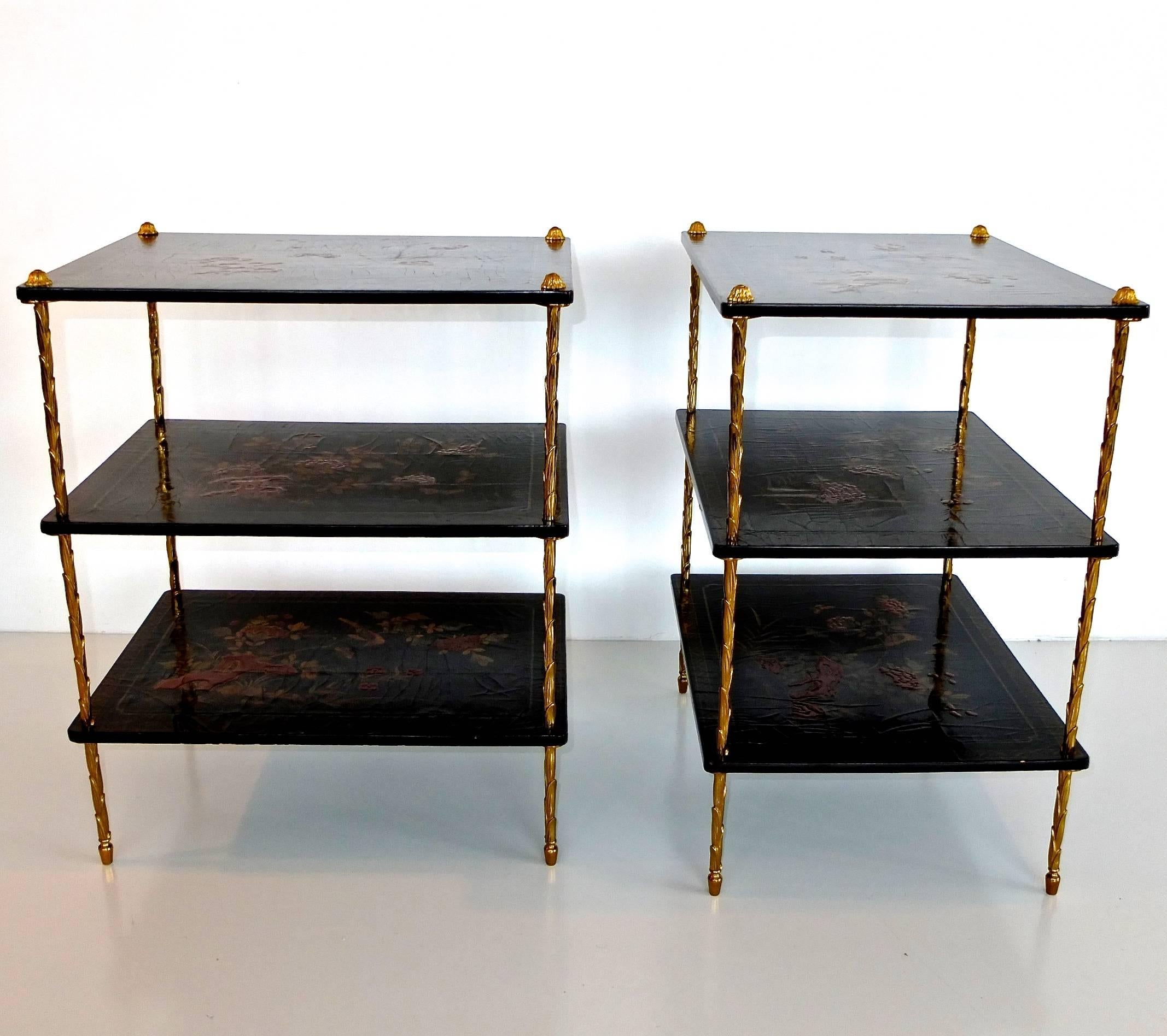 Mid-20th Century Pair of Maison Jansen Three-Tier Black Japanned Side Tables