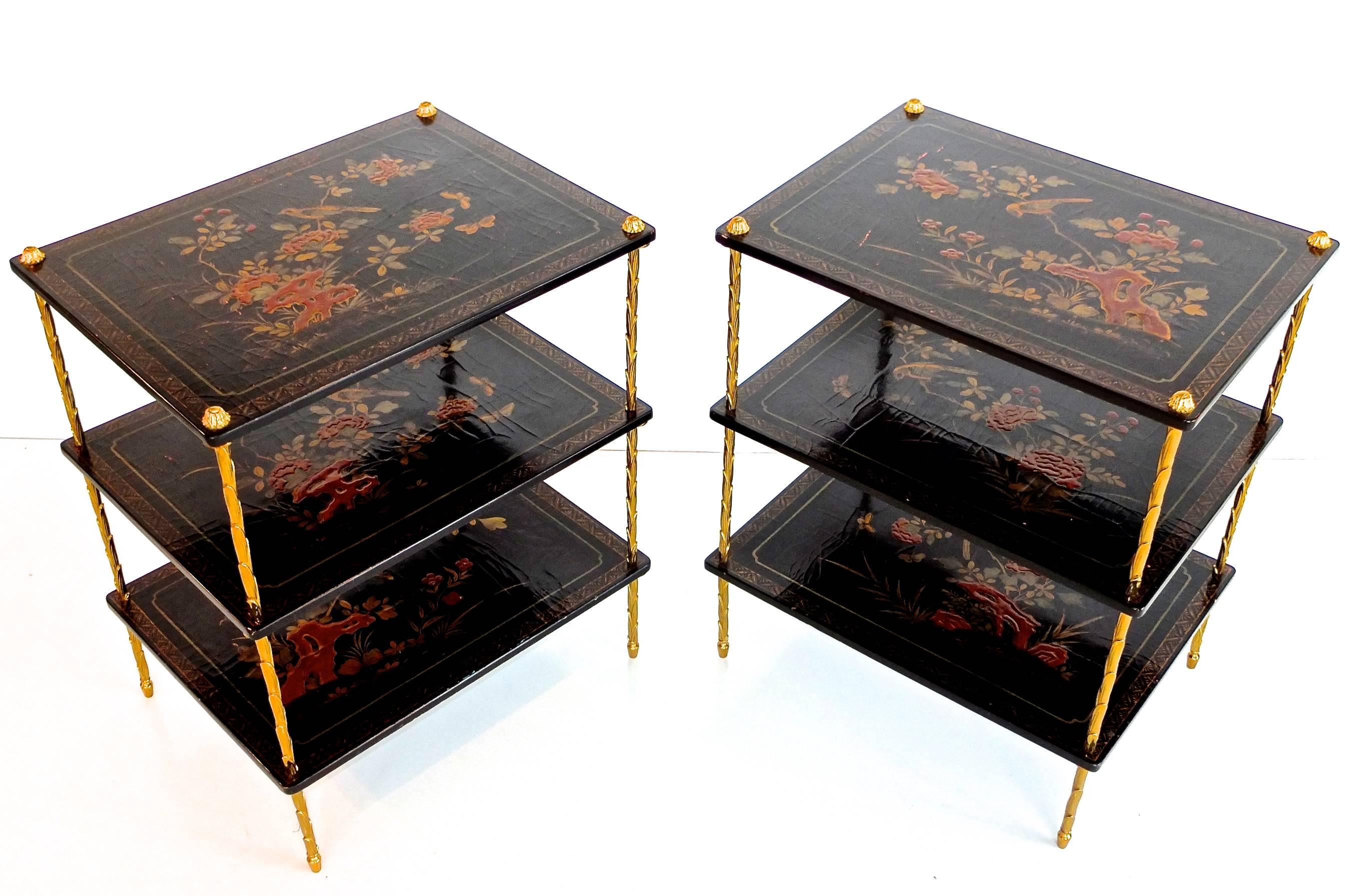 Bronze Pair of Maison Jansen Three-Tier Black Japanned Side Tables