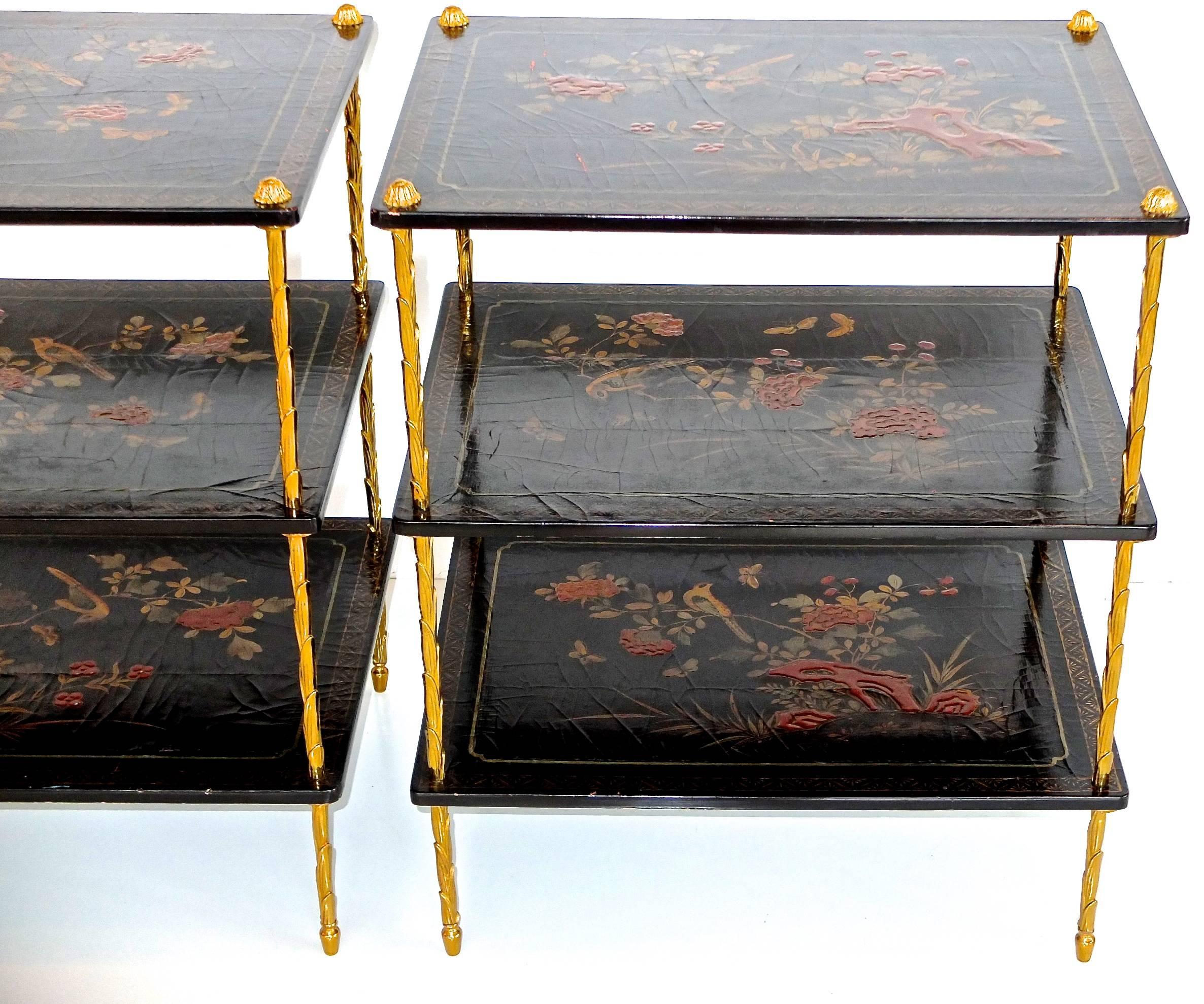 Pair of Maison Jansen Three-Tier Black Japanned Side Tables In Good Condition In Hanover, MA