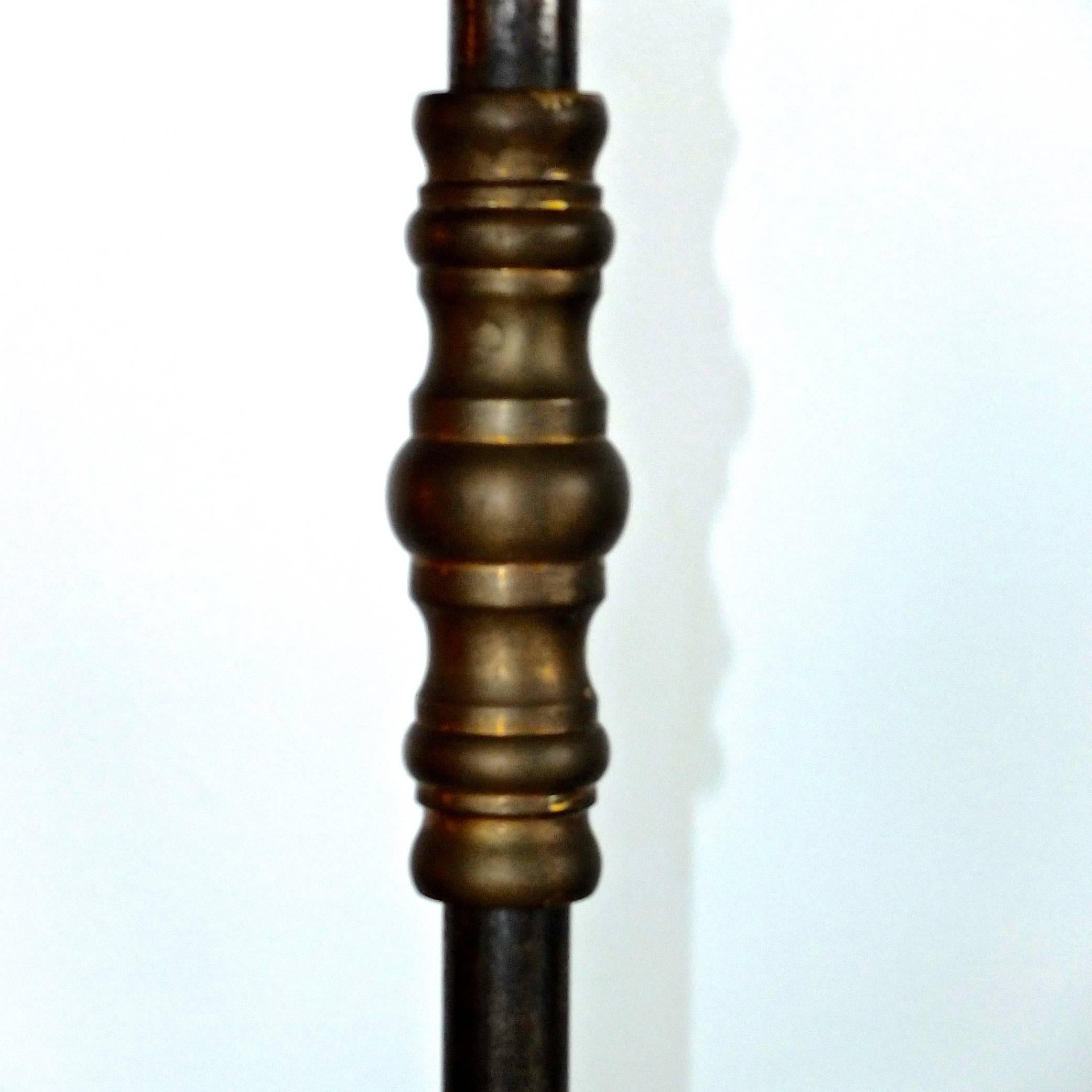 Mid-Century Modern French Floor Lamp Fer Forge with Greek Key Tripod Base and Bronze Embellishments