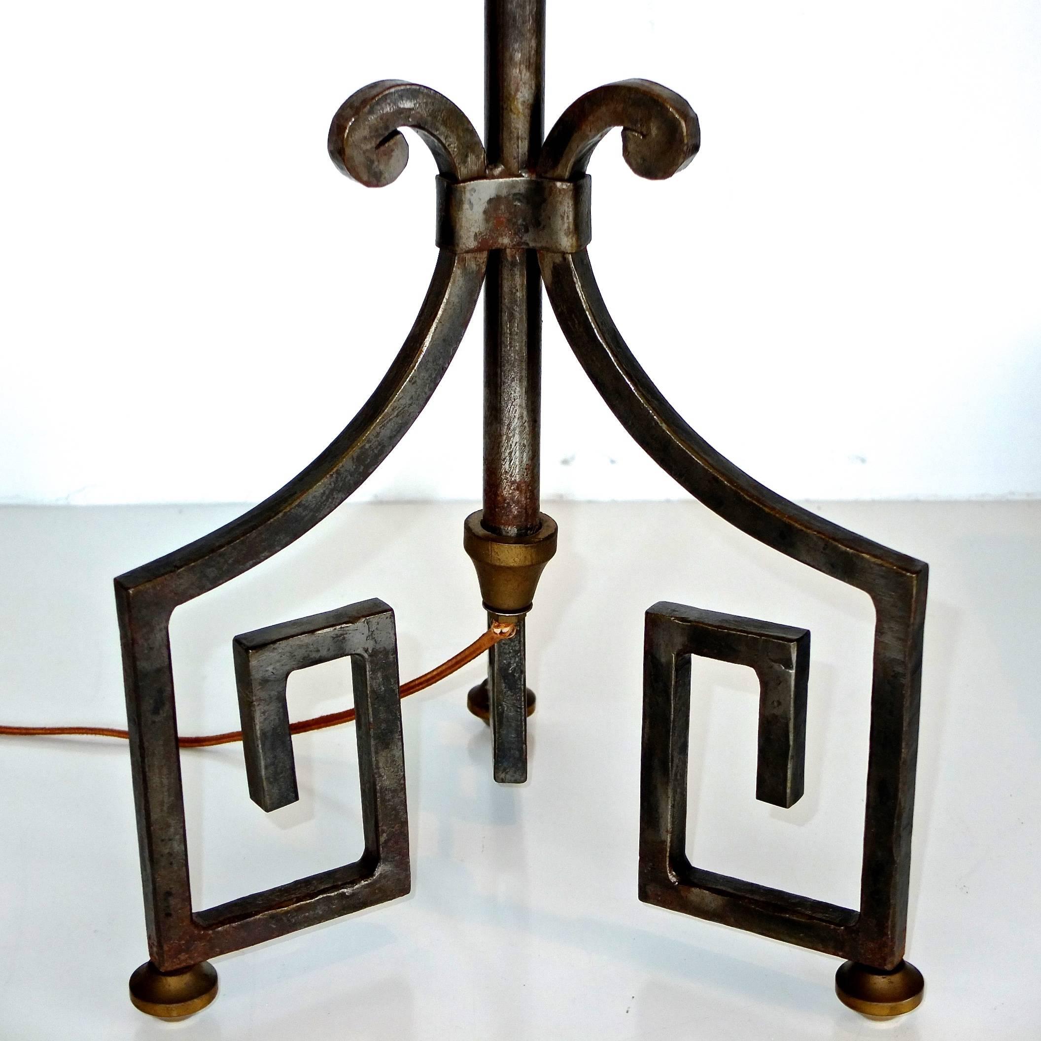 French Floor Lamp Fer Forge with Greek Key Tripod Base and Bronze Embellishments In Excellent Condition In Hanover, MA