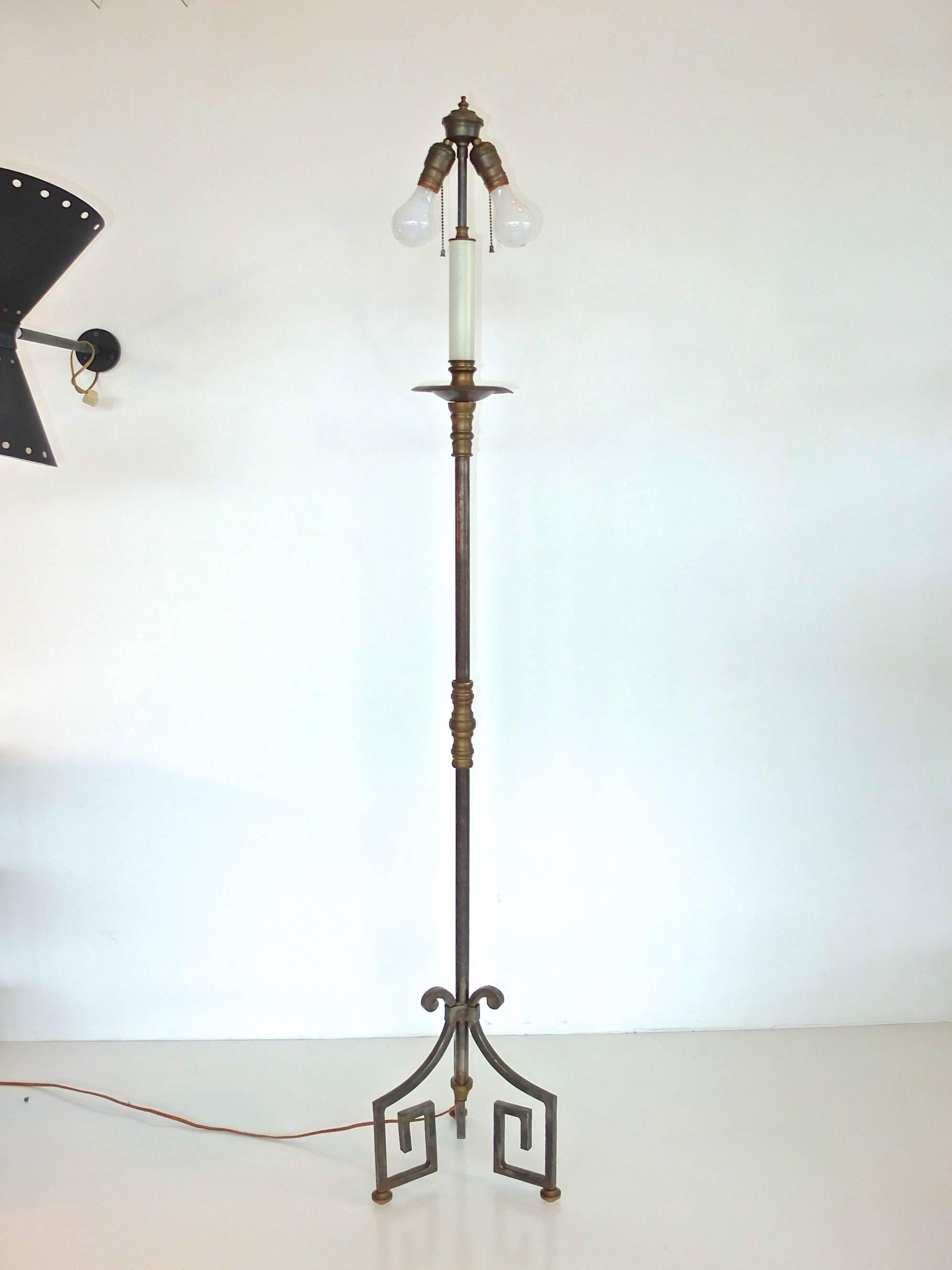 Mid-20th Century French Floor Lamp Fer Forge with Greek Key Tripod Base and Bronze Embellishments