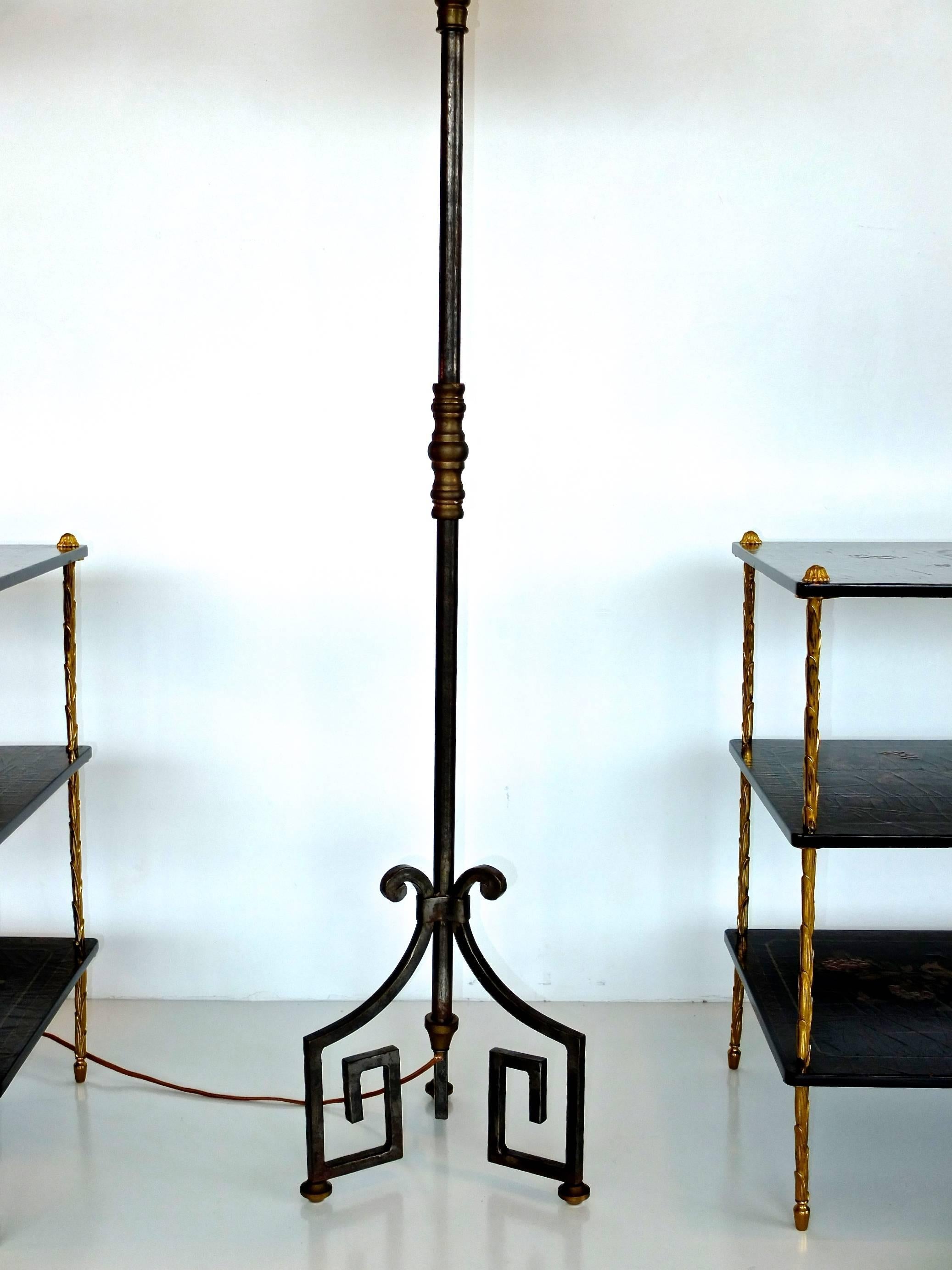 French Floor Lamp Fer Forge with Greek Key Tripod Base and Bronze Embellishments 1