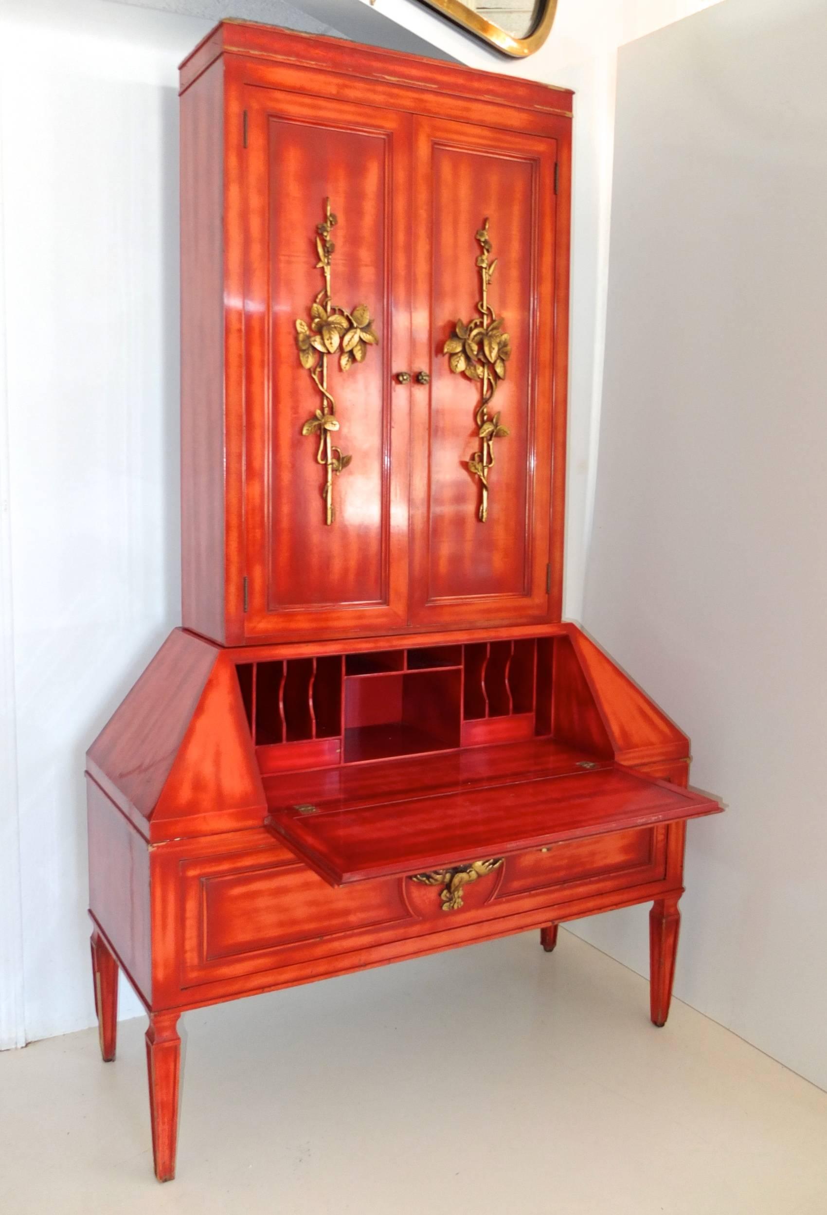 James Mont Cinnabar Lacquered Secretaire For Sale 3