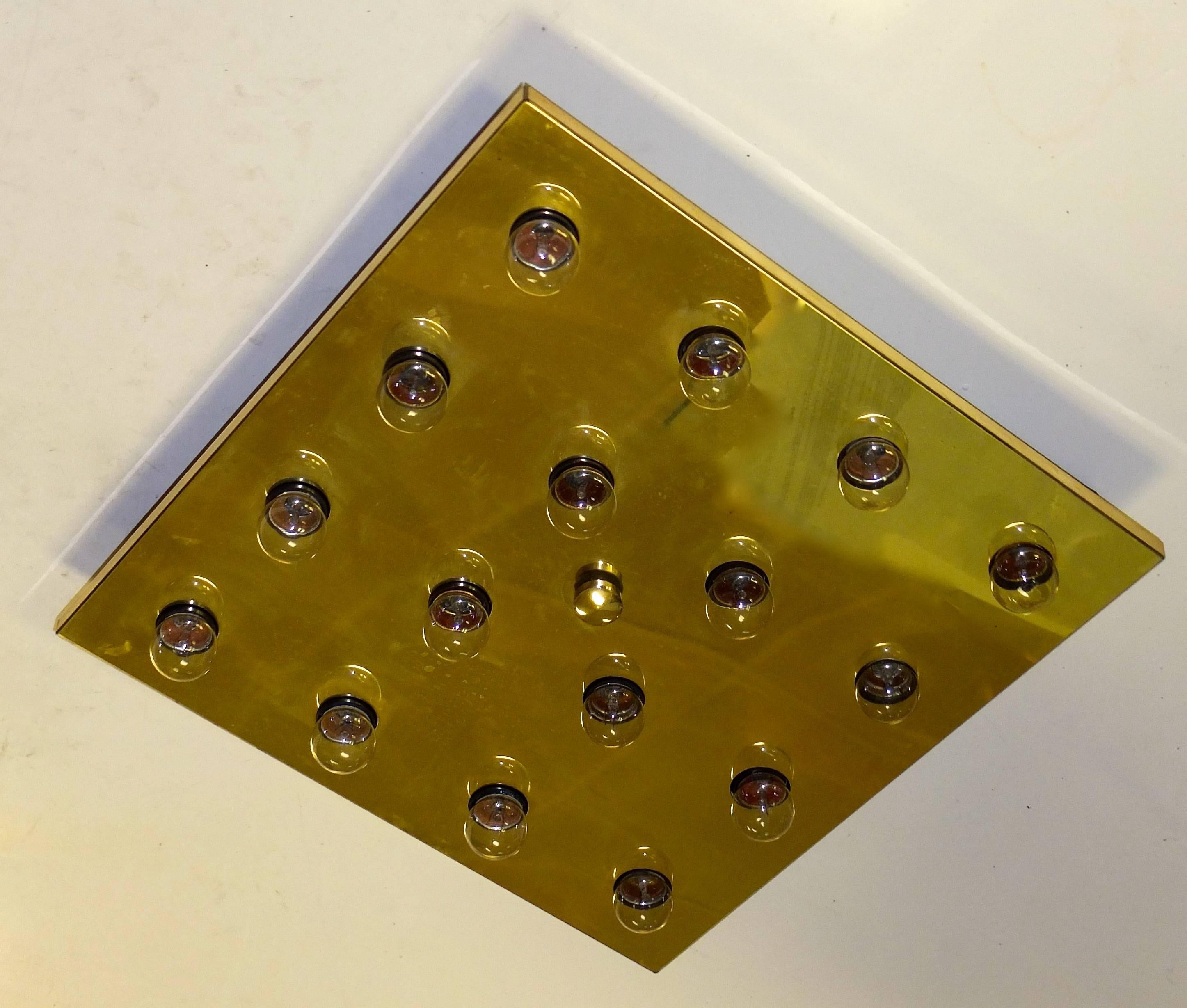 Square Brass Lightolier Flush Mount Ceiling Light In Good Condition In Hanover, MA