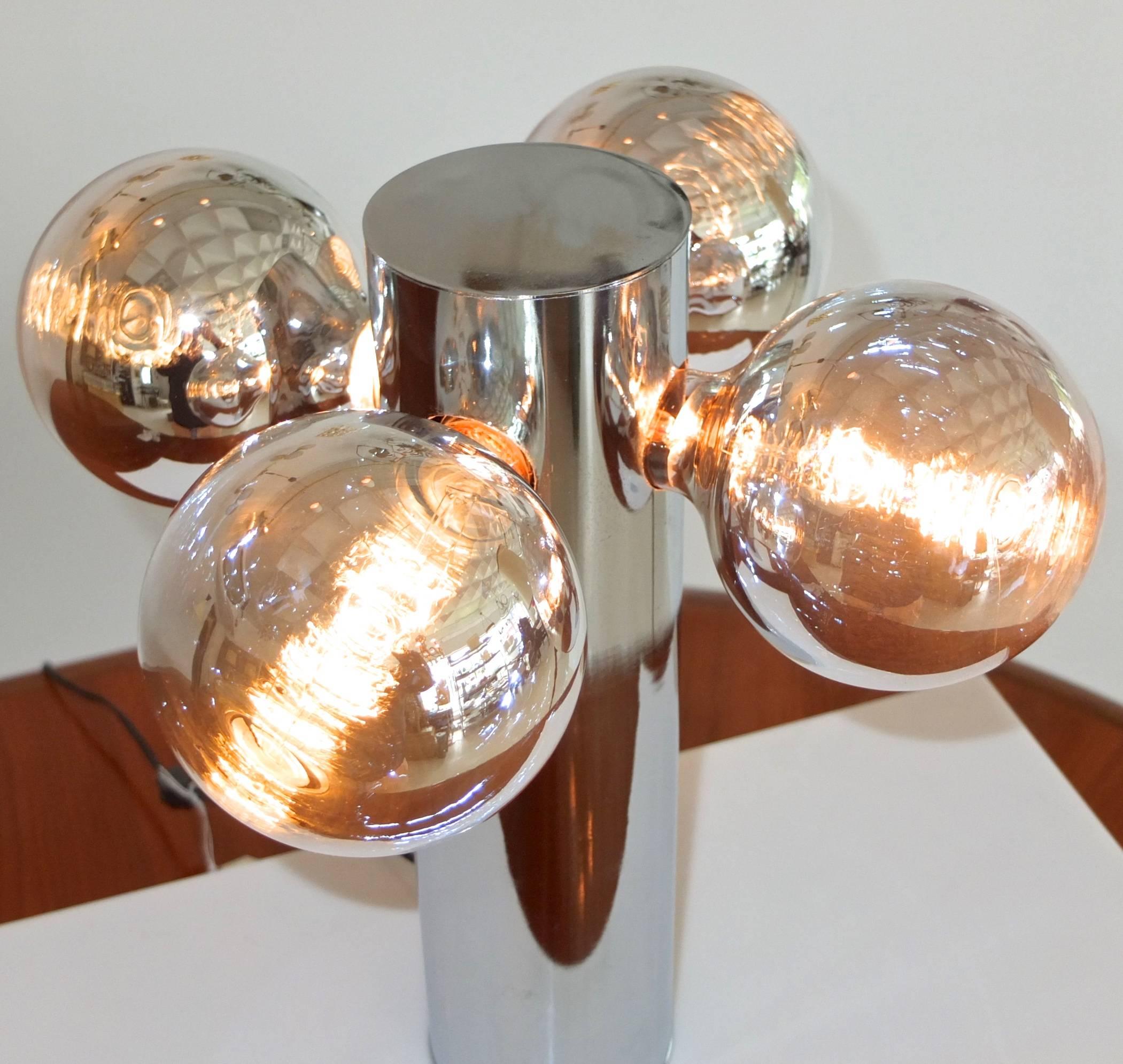 Italian Chrome Cylinder Lamp with Four Chrome Silvered Glass Globe Bulbs, 1970s 